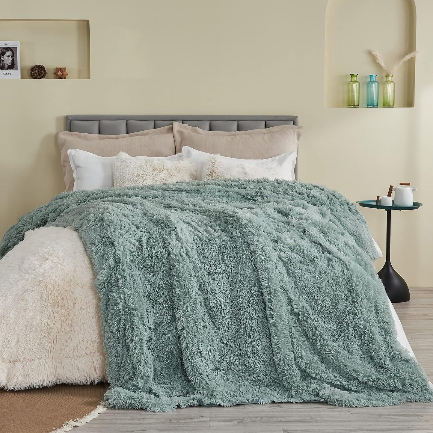 GONAAP Fuzzy Faux Fur Throw Blanket Ice Blue Super Soft Cozy Plush Fuzzy Shaggy Blanket for Couch Sofa Bed (Ice Blue, Throw(50"x60"))