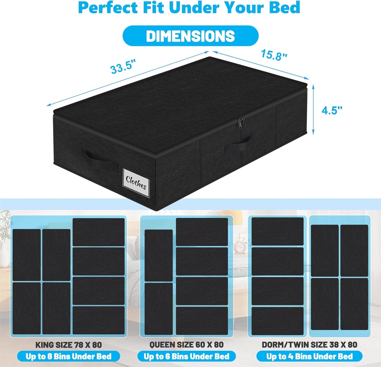 Under Bed Storage Container Bins 2 Pack, 4.5 Inch Slim Low Profile Underbed Clothes Storage Organizer for Dorm & Home, Use for Blanket and Toy Storage Box W/ Sturdy Bottom/Sides, Foldable Thick Fabric