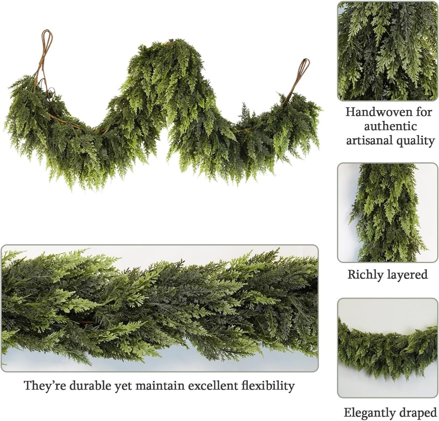 6 Ft Artificial Cedar Garlands – Real Touch Winter Greenery, Realistic Artificial Cedar Tree Christmas Pine Garland Decorations for Table Mantle Wall Indoor Fireplace Holiday Party (4ft, 2)