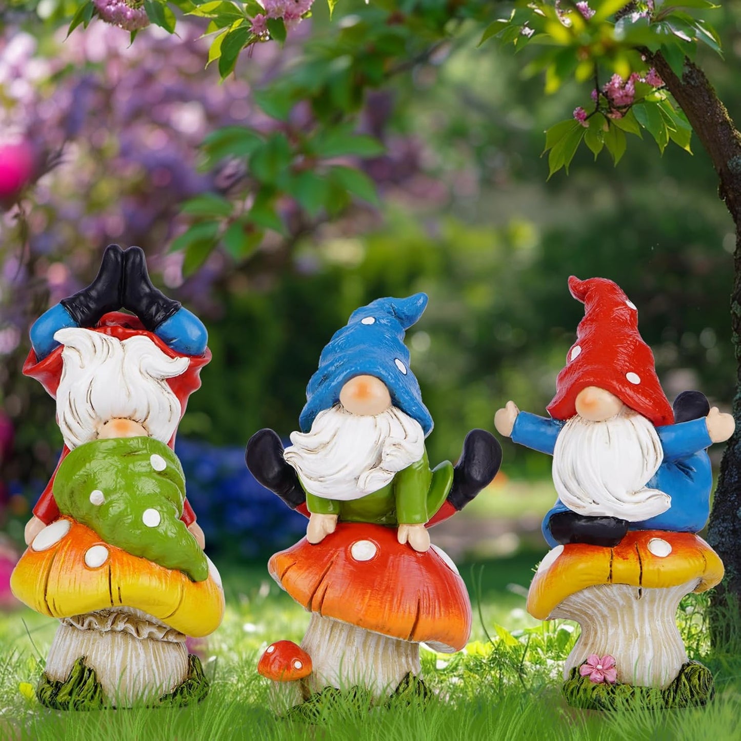 Hodao 3 PCS Spring Yoga Mushroom Gnomes Decoration Summer Elf Figurines Gifts for Home Spring Lively Garden Statues Decor for Outdoor, Mom, Mother (Multicolor)