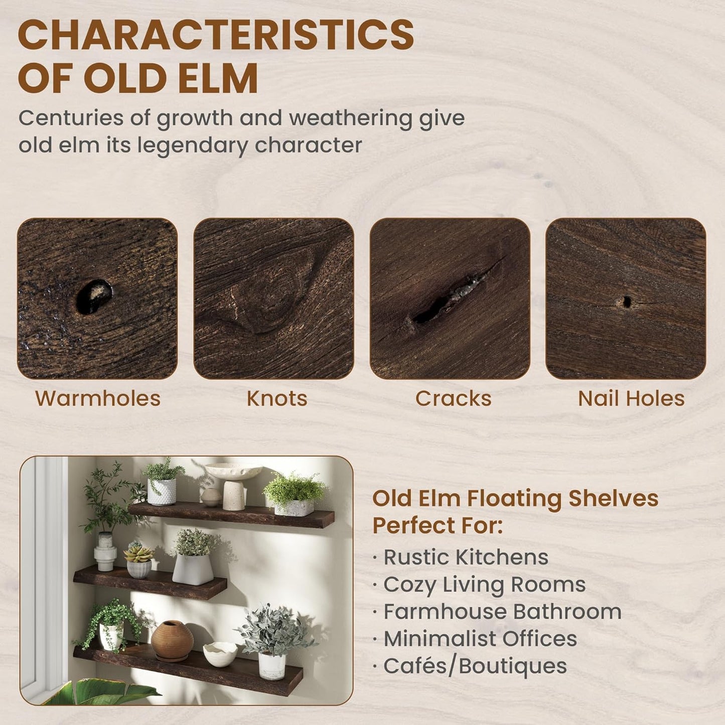 30" Floating Shelves, Live Edge Solid Elm Wood Floating Shelf, Wall Mounted Display Shelves with Heavy-Duty Bracket for Books, Rustic Wooden Shelf for Kitchen, Bathroom, Walnut Color, Set of 2