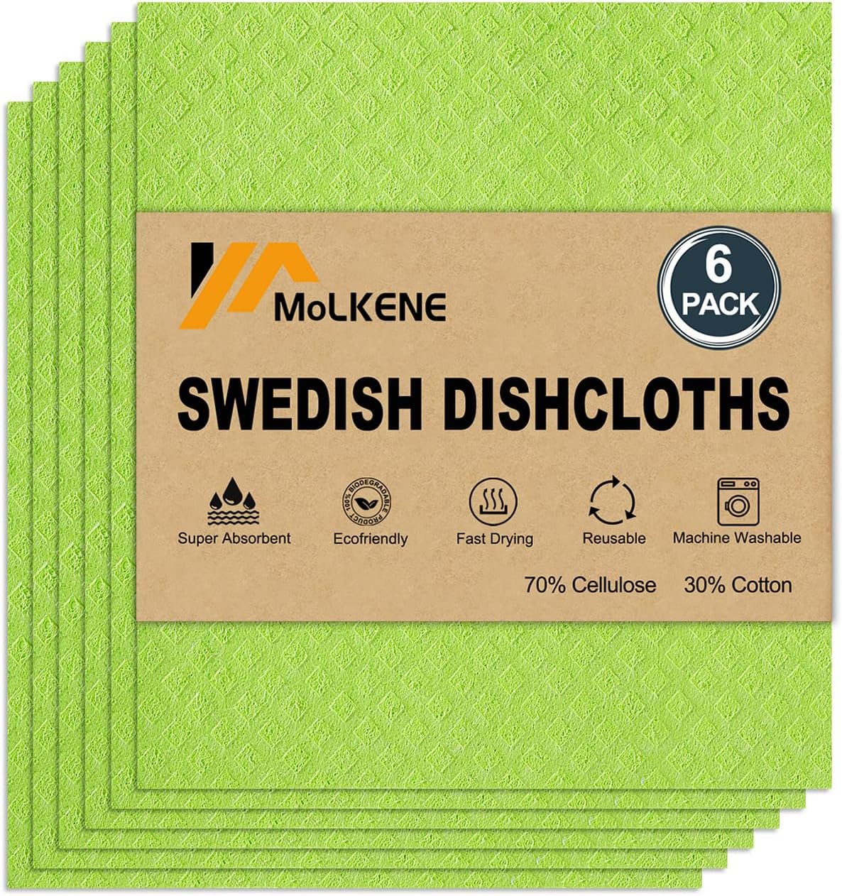 Swedish Dishcloths for Kitchen | 6 Pack Absorbent Cellulose Sponge Cloths Washable | Non-Scratch Reusable Paper Towels Quick Drying Cleaning Cloths - Lime Green