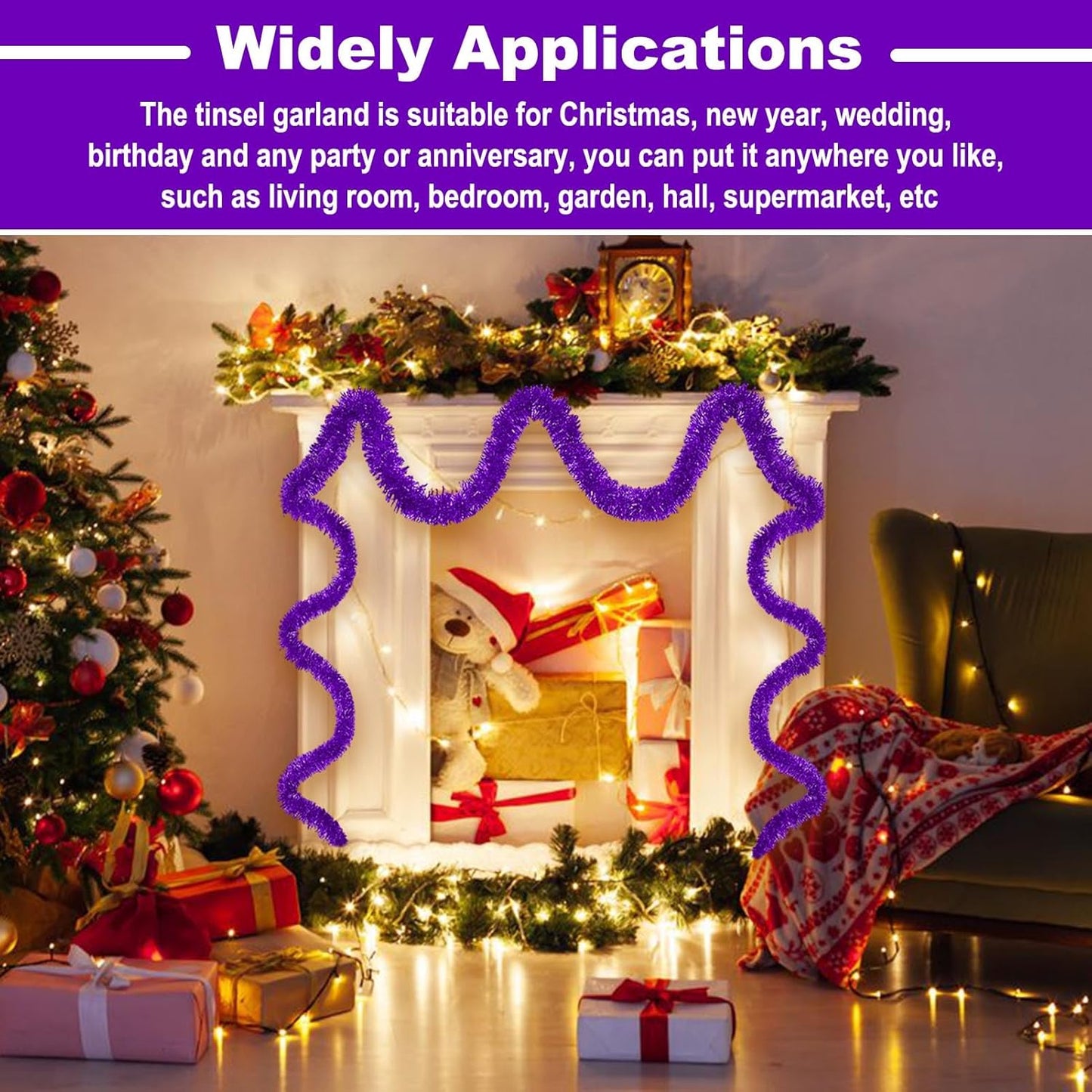 25 Feet Metallic Twist Tinsel Garland Wall Hanging Backdrop for Parade Floats, Christmas Eve, New Year, Valentine's Day Party Decorations (Purple, 4in x 25ft)