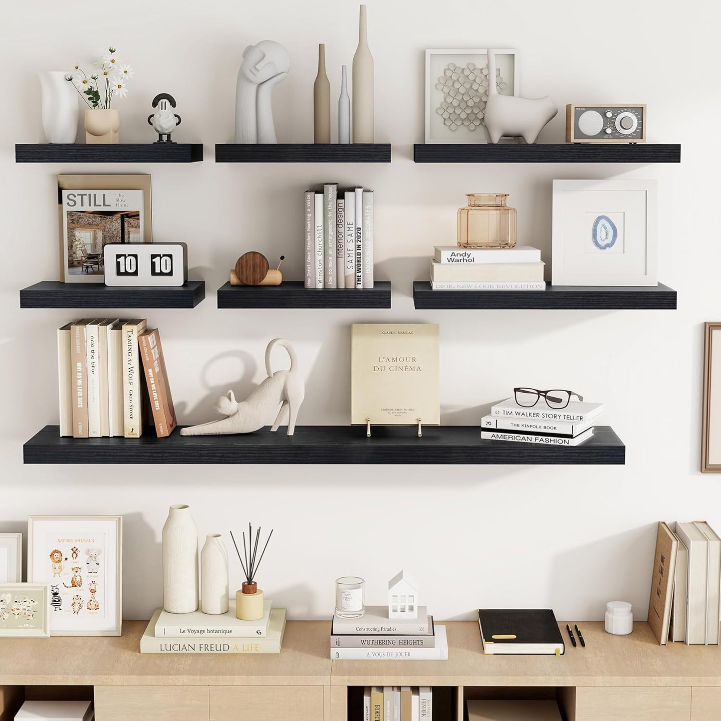 16 Inch Floating Shelves, 16"x9.25"x1.5" Inch Deep Floating Shelves for Wall, Wooden Shelves for Bathroom, Bedroom, Living Room, Black