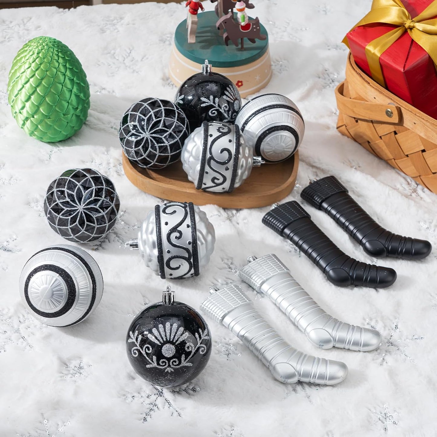 150PCS Black and Silver Christmas Ornaments - Shatterproof Ball Set, Assorted Baubles Hanging Decorations for Xmas Tree, Home, Festival, Party, Wedding