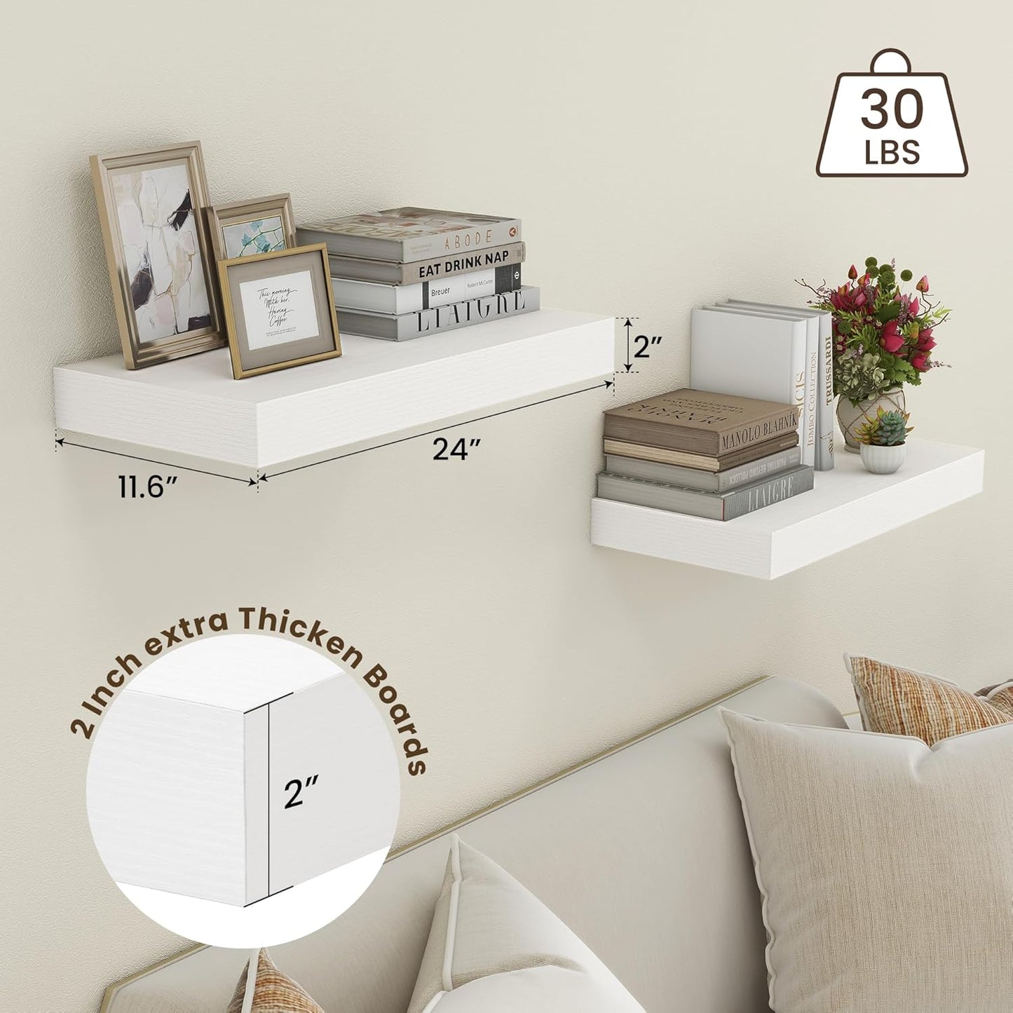 Deep Floating Shelves, 24''W x 12''D Floating Shelves White Set of 2, 12 Inch Deep Large Wood Shelves for Books Living Room Bathroom Laundry Room Bedroom Kitchen Home Office - White