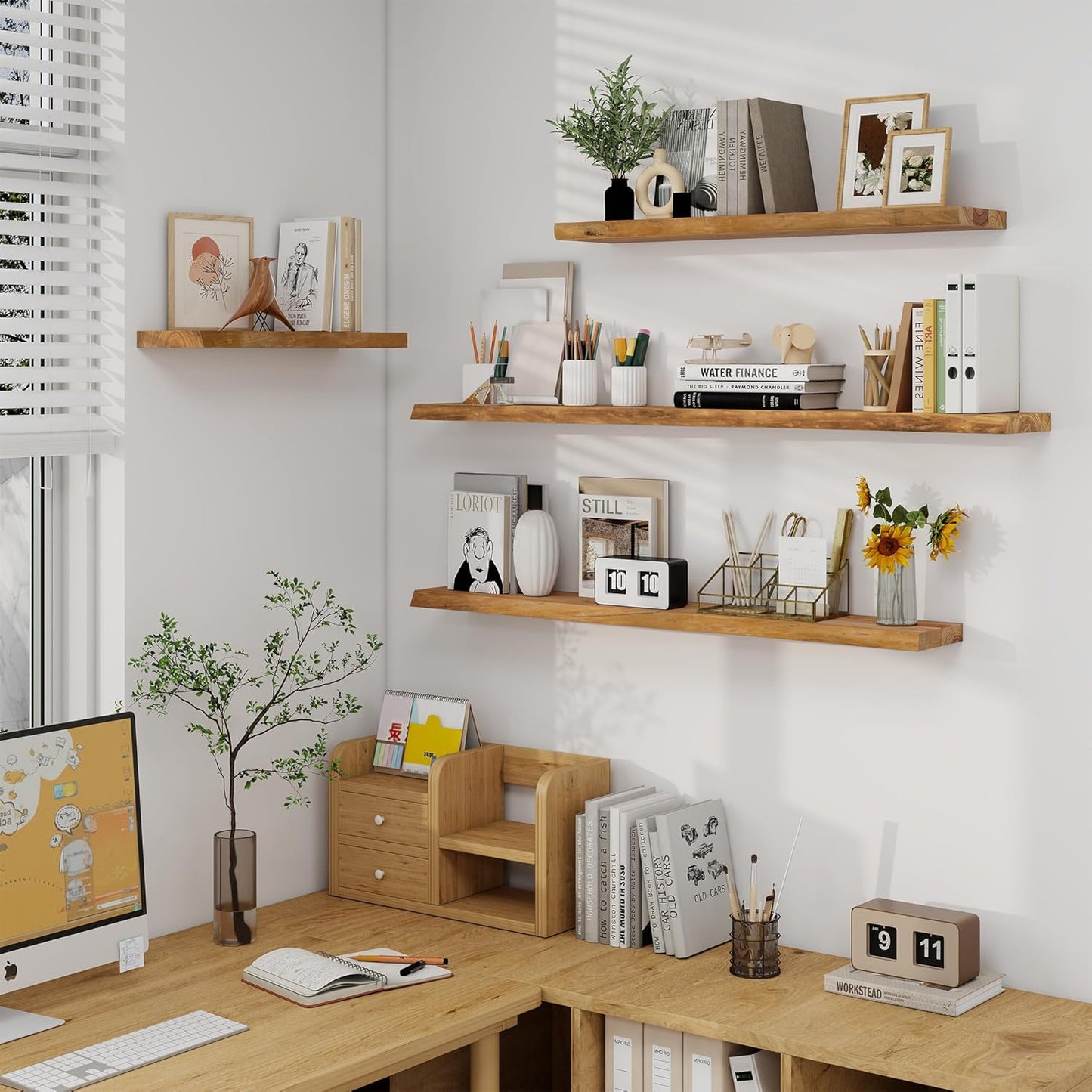 Axeman 48 inch Floating Shelves for Wall - 8'' D Live Edge Rustic Solid Elm Wood Floating Shelves Wall Mounted, Hanging Shelves with Invisible Bracket for Living Room Bedroom Kitchen, Natural