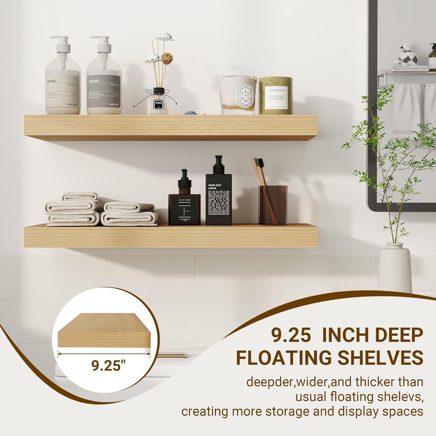 24 Inch Floating Shelves, 3D Textured Wood Grain, 24"x9.25"x1.5" Inch Deep Floating Shelves for Wall, Wooden Shelves for Bathroom, Bedroom, Living Room, Natural