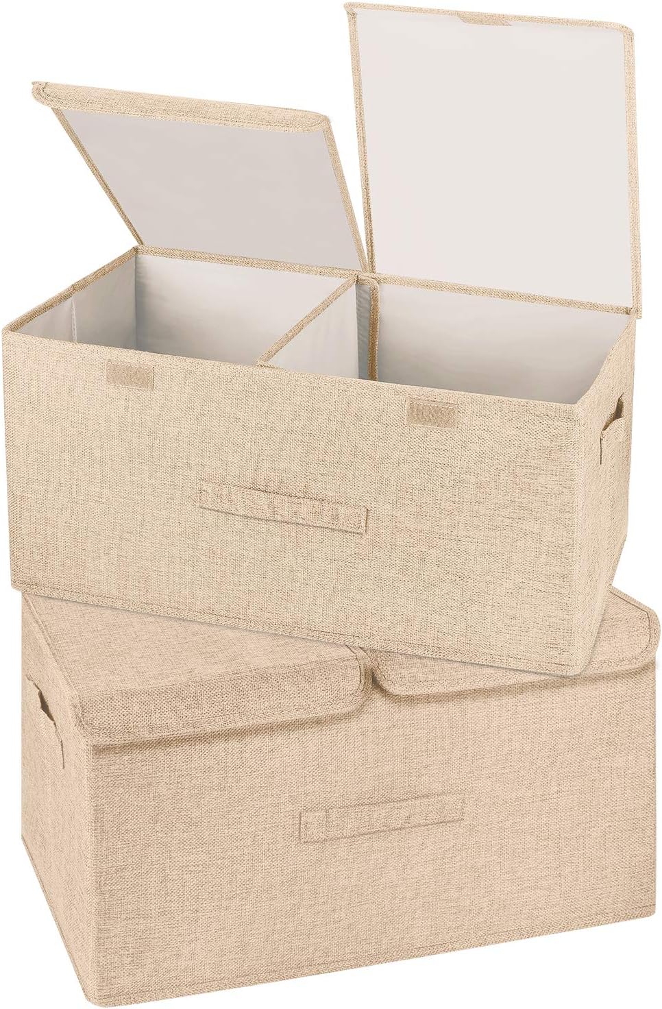 2 Pack Large Storage Boxes with Lids and Handles, Collapsible Linen Storage Bins Organizer Containers Baskets Cube with Removable Divider for Home Bedroom Closet Office (Khaki, Large)