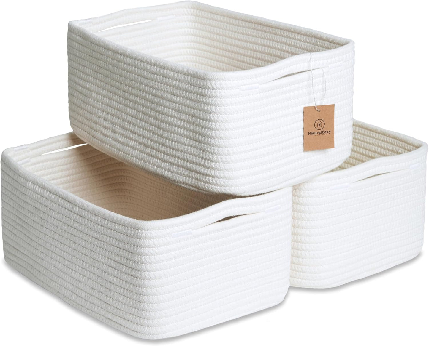 NaturalCozy 13.5”x8.5”x5.5” Storage Baskets for Shelves 3 Pack | Cotton Rope Woven Small Baskets for Organizing | Small Storage Bins for Nursery, Bathroom, Closet, Cube Shelf, Decorative, Gift