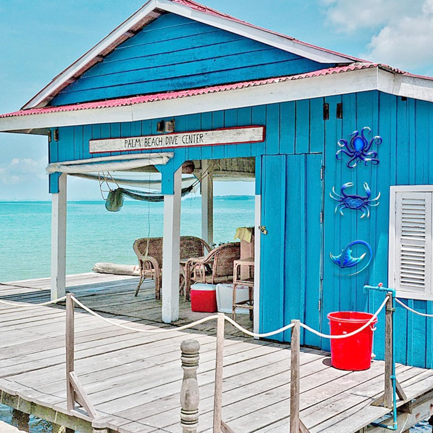 Weibefee Metal Wall Art Decor Octopus Crab Manta Ray Coastal Nautical Ocean Decor Concise 9'' Set of 3 Hanging Decorations for Bathroom Beach Indoor Outdoor Pool Home Bedroom Living Room Blue