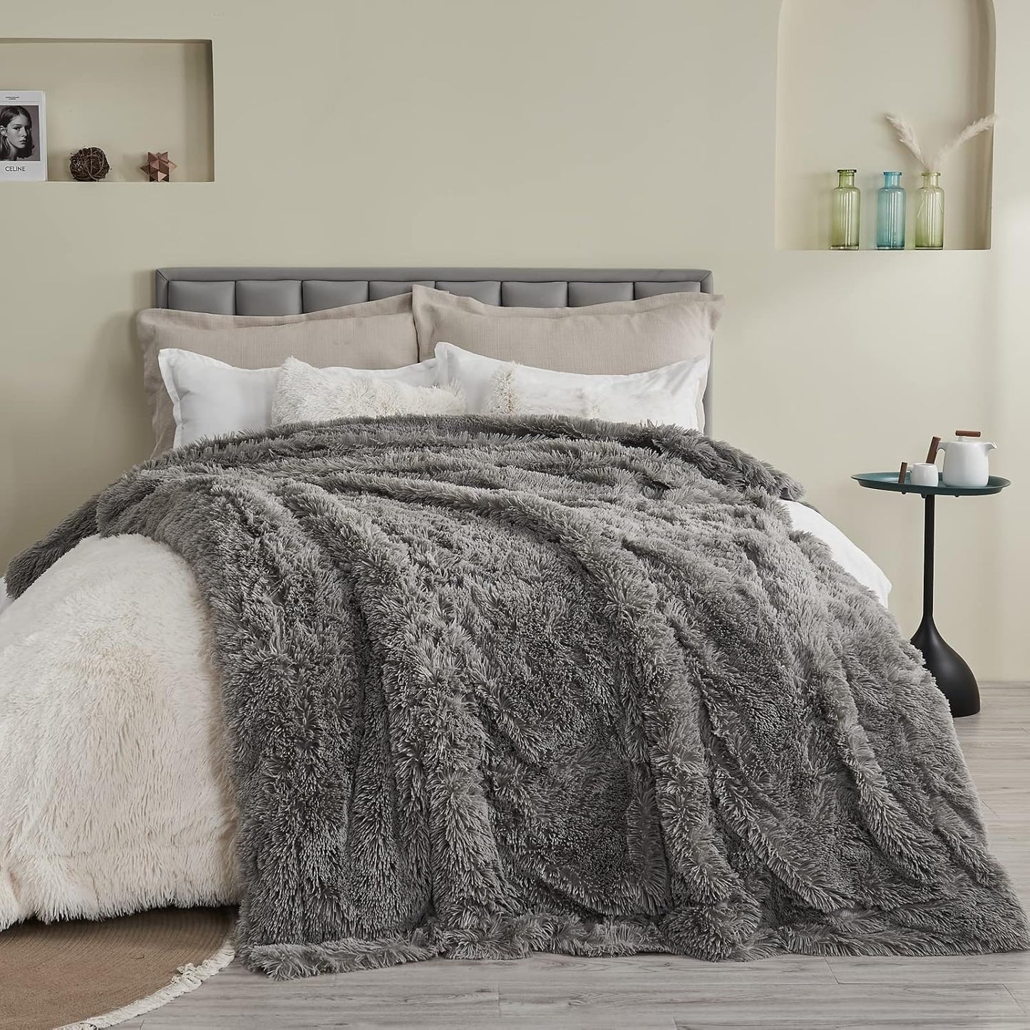 GONAAP Fuzzy Faux Fur Throw Blanket Twin Size Light Grey Super Soft Cozy Plush Fuzzy Shaggy Blanket for Couch Sofa Bed (Light Grey, Twin(60"x80"))
