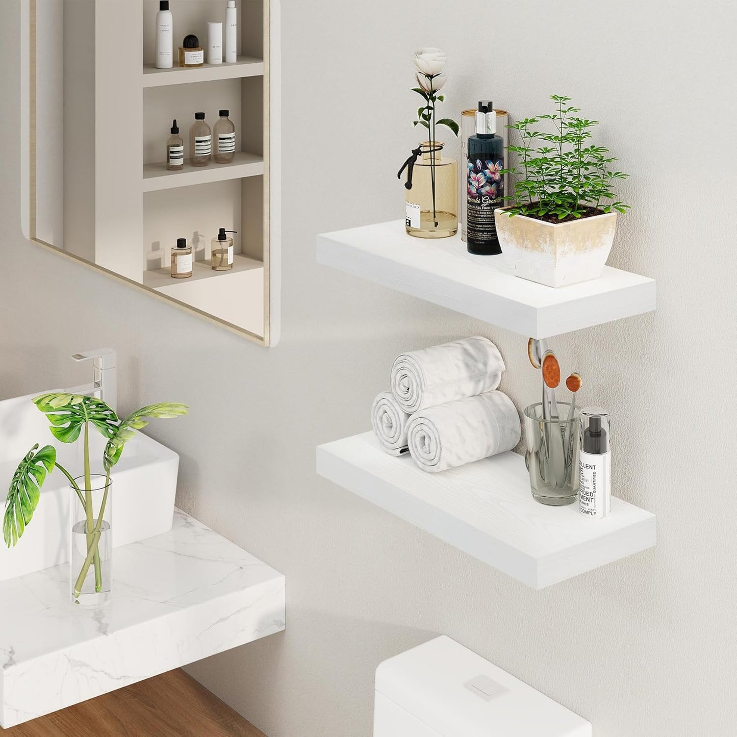 Fun Memories White Floating Shelves, 8 Inch Deep Wall Shelves Set of 2, Rustic Deep Shelves for Wall Storage, 24 x 8 Floating Shelves, 8" Deep White Shelves for Bedroom, Living Room, Kitchen