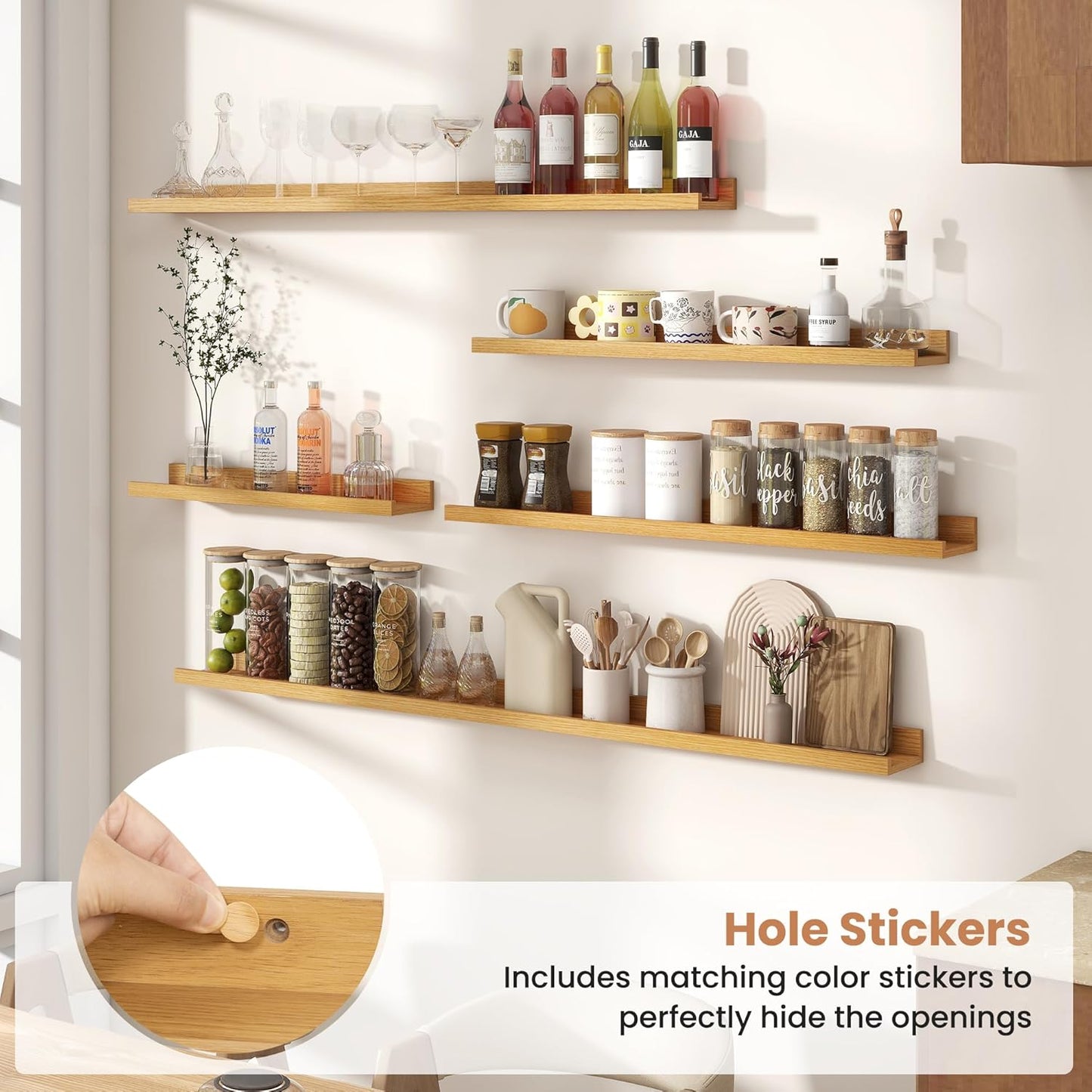 Fun Memories Picture Ledge Shelves Set of 2, 48 Inch Rustic Wall Mounted Floating Shelves with Lip for Home Storage and Décor in Bathroom, Kitchen, Nursery, Bedroom, Living Room, Oak