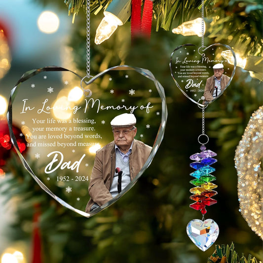 Personalized Heart-Shaped Memorial Ornament with Photo – Custom in Loving Memory Christmas Ornament for Dad – Rainbow Crystal Suncatcher with Loss of Father Quote – Remembrance Tree Decor