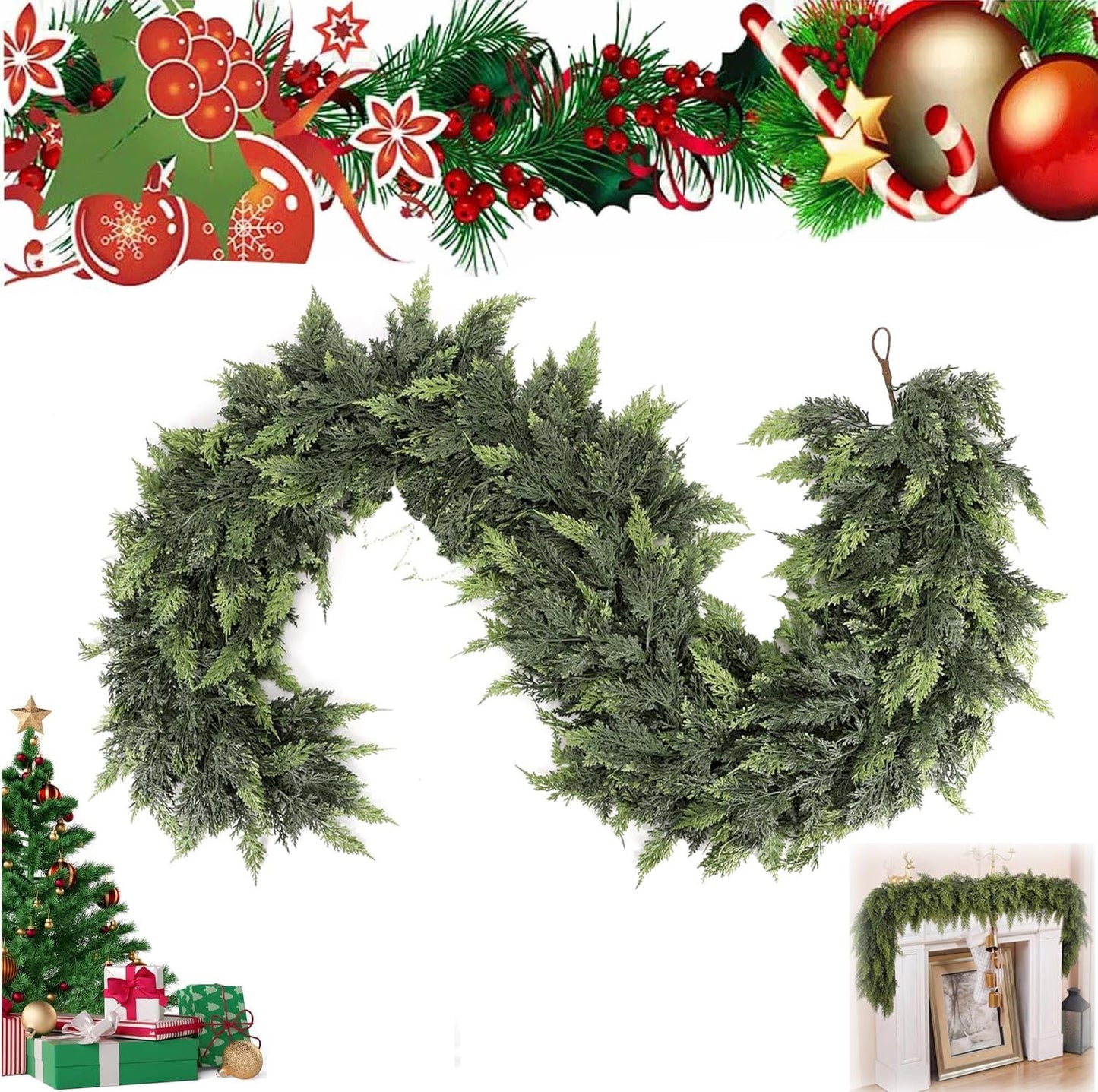 6 Ft Artificial Cedar Garlands – Real Touch Winter Greenery, Realistic Artificial Cedar Tree Christmas Pine Garland Decorations for Table Mantle Wall Indoor Fireplace Holiday Party (4ft, 1)