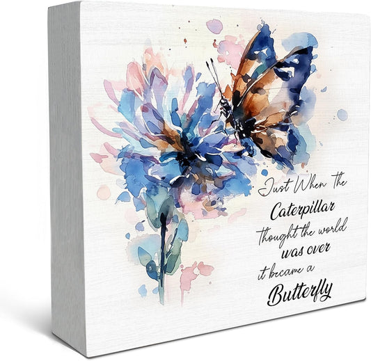 SRADMO Inspirational Desk Signs, Inspirational Butterfly Wood Box Sign Desk Decor, Motivational Desk Decor, Encouragement Theme Wooden Block Box Sign Decoration for Home Office Shelf Table Decor