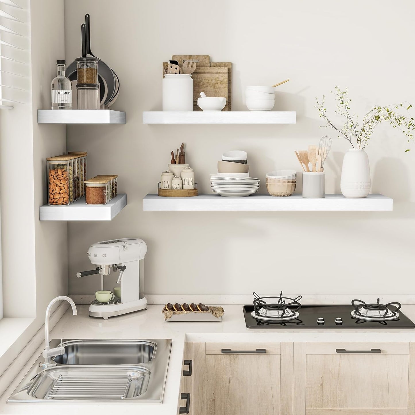 White Floating Shelves for Wall, 48 Inch X 12 Deep Shelves for Room Wall Mounted，2" Thick Heavy Duty Holds 75lbs Floating Shelf for Bedroom Bathroom Kitchen Laundry Room, Set of 2