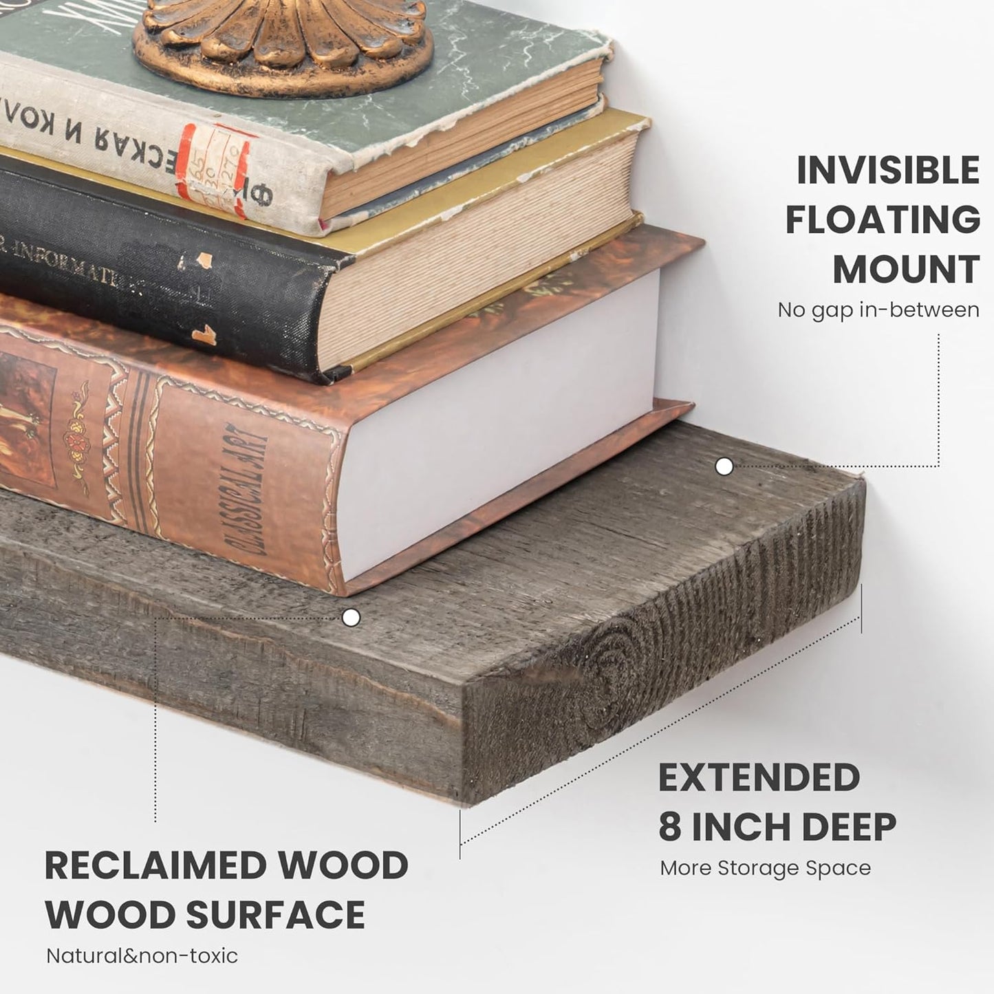 Floating Shelves, 8 Inch Deep Rustic Solid Reclaimed Wood Wall Shelves for Storage, Wall Mounted Display Shelving with Invisible Heavy-Duty Metal Bracket, 30 Inch Width Set of 2, Grey