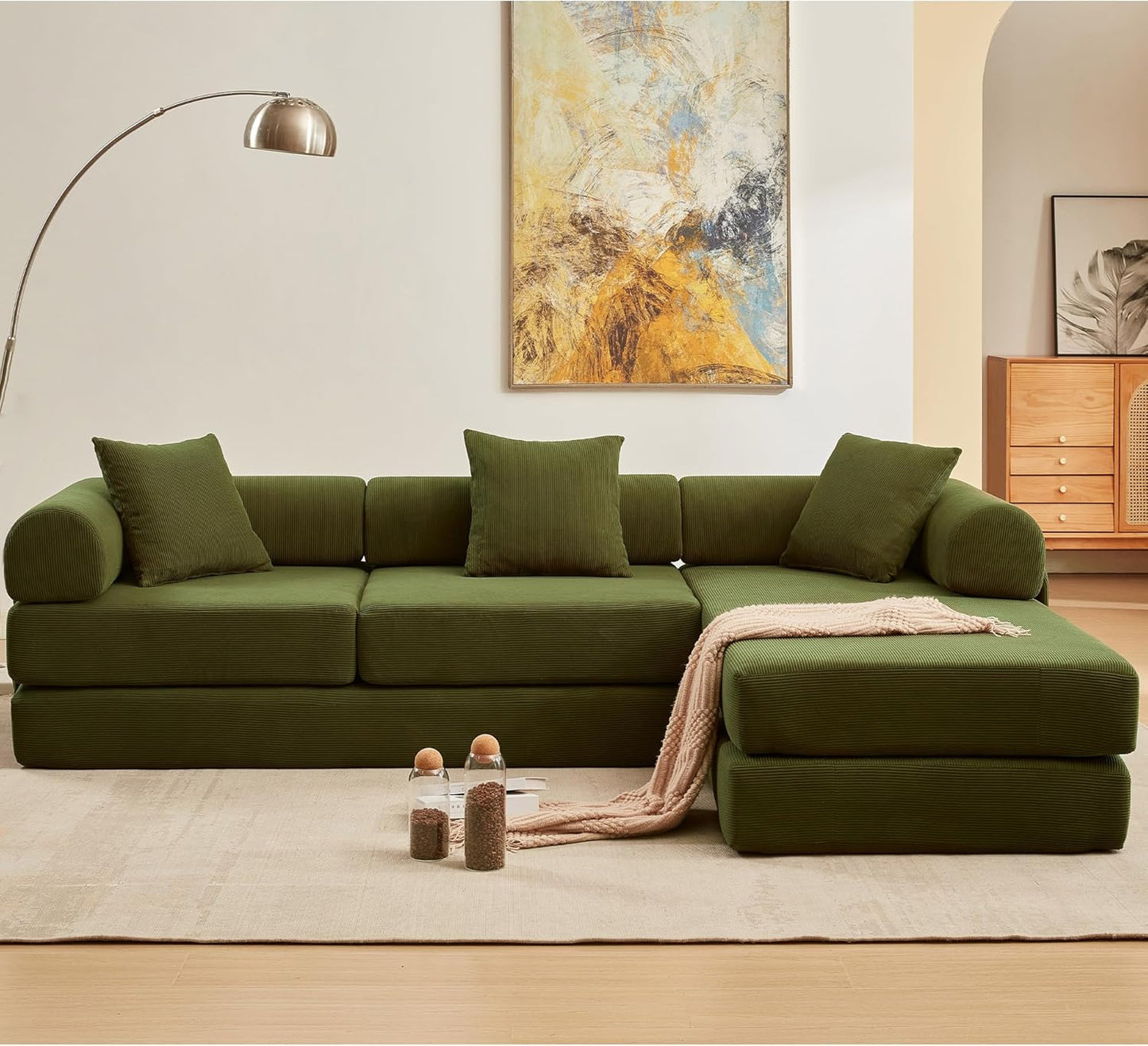 107" Oversized Convertible Sleeper Sofa Bed, Corduroy L Shape Sectional Couch, Folding Sofa Bed with Side Pocket, Modern Cloud Floor Mattress Couch, Modular Sofa for Living Room, Green