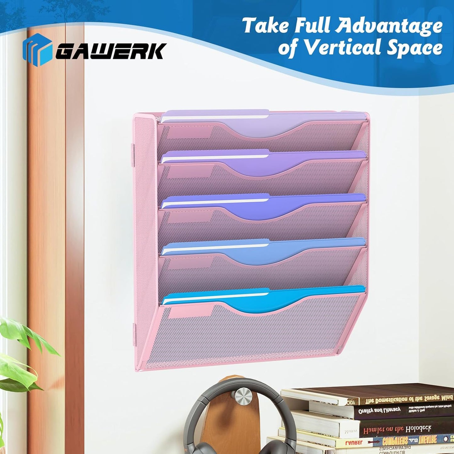 5 Tier Hanging Wall File Organizer, Mesh Mail Paper Orgnization Hanging File Folder Holder for Home Office, Pink