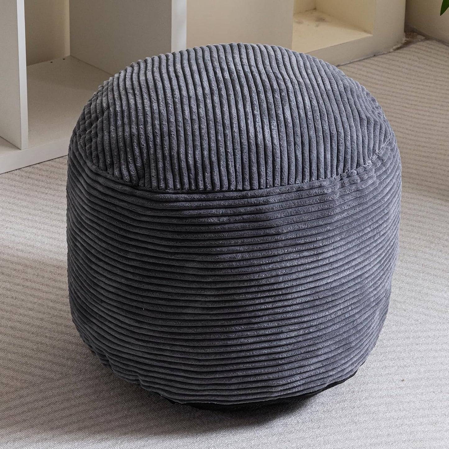 HIGOGOGO Round Stuffed Pouf Ottoman, Corduroy Poufs with Foam Chunk Filling, Furry and Fluffy Pouf Foot Stool Storage Ottoman, 20 X 15 Floor Poufs Foot Rest for Living Room, Dark Grey