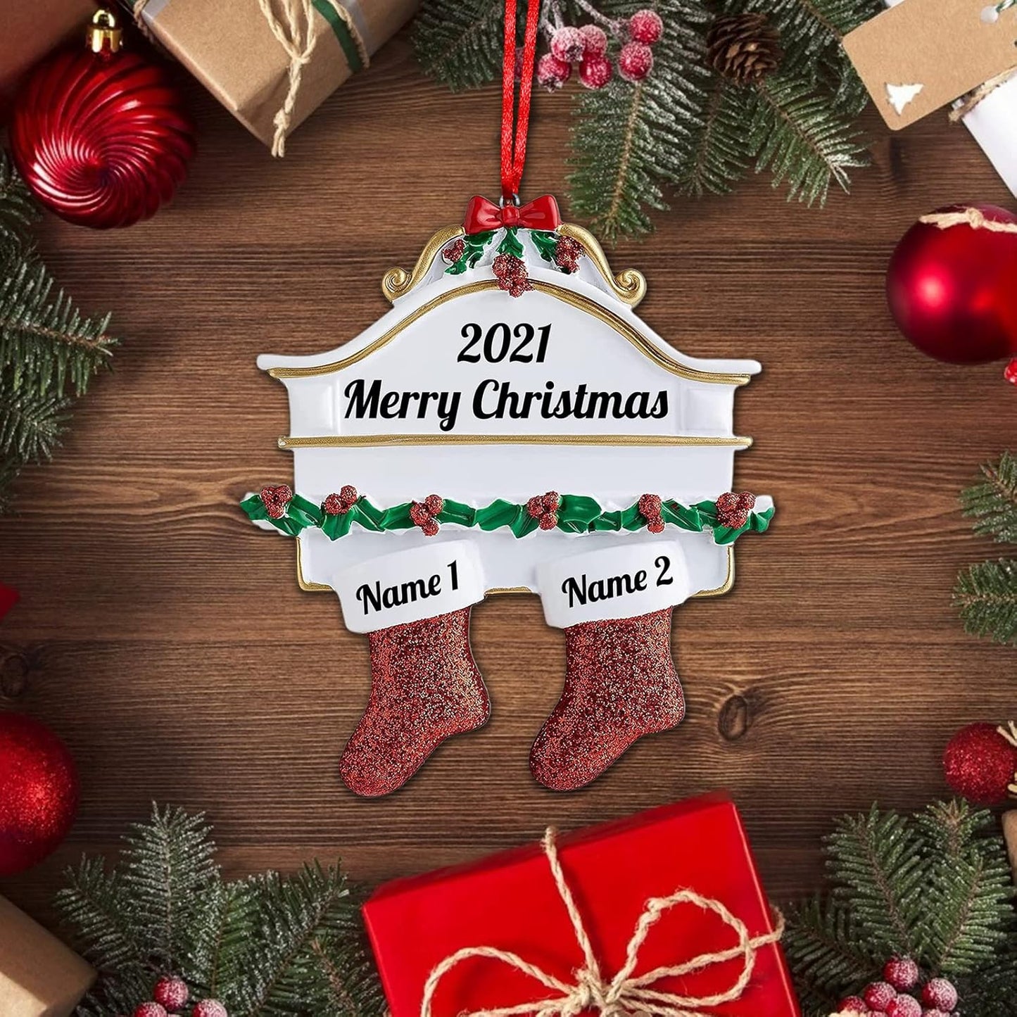 Amlion Personalized Ceramic Christmas Stocking Ornaments, Family of 2-8, Custom Names, Traditional Style, Christmas Occasion