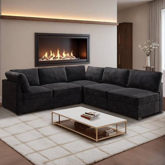 HOOOWOOO Modular Sectional Sofa,5 Pieces Sectional Couches for Living Room,98X98 L Shaped Cloud Couch Set(Black Velvet Corduroy)