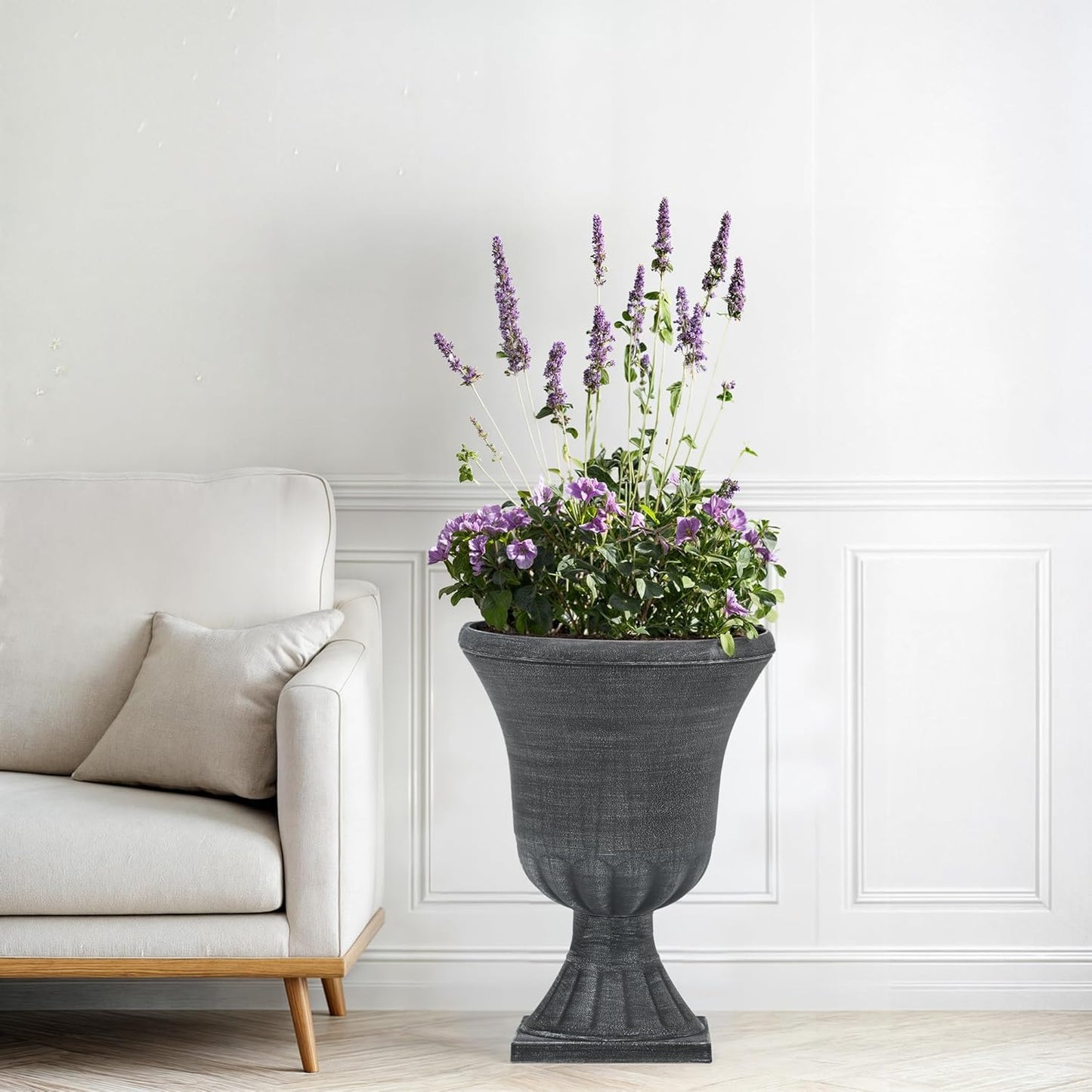 22" Large Urn Planters for Outdoor Plants, Set of 2 Plastic Flower Pot with Handmade Washed Black Finish, Weather-Resistant for Porch, Garden, Patio or Indoor Use