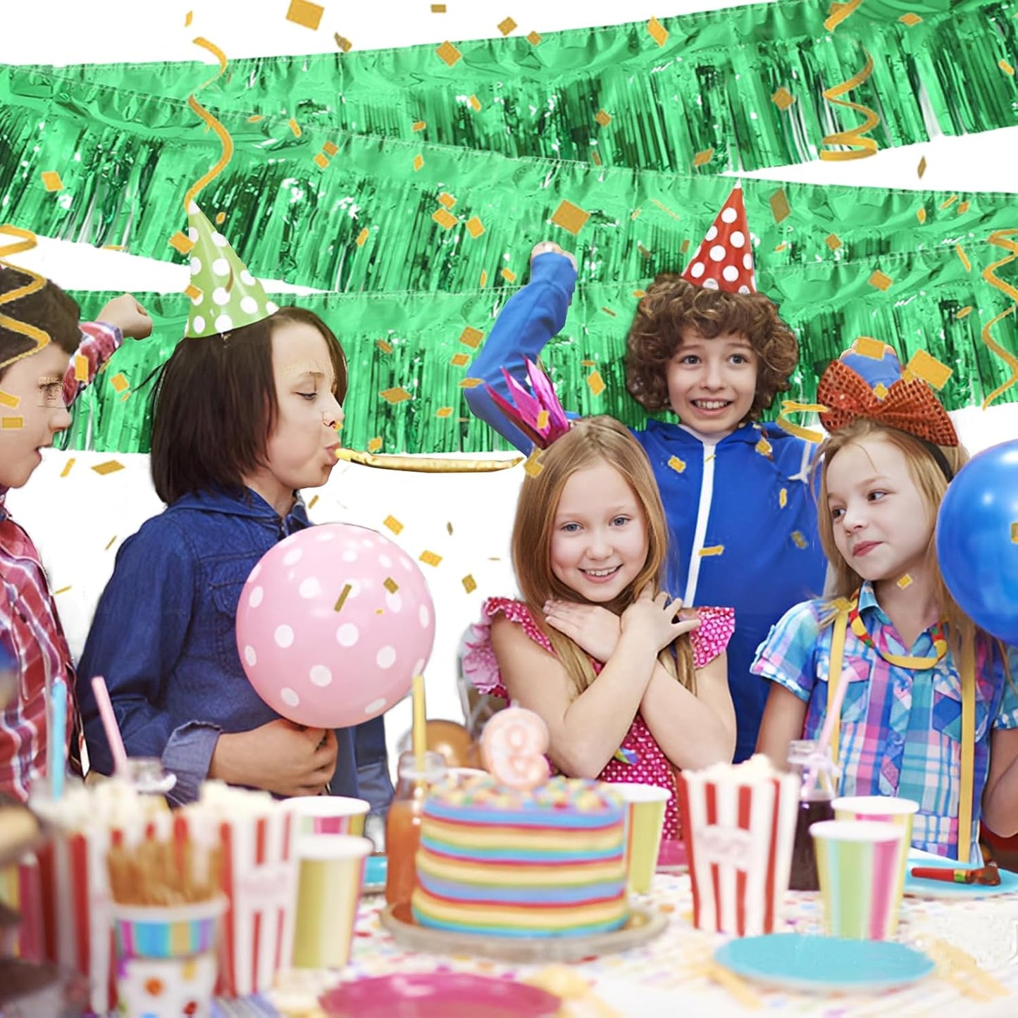 Green Foil Fringe Garland 10FT 2packs, Metallic Foil Tinsel Fringe Banners for Parade Float Decorations Wedding, Birthday Party Graduation (Two Green)