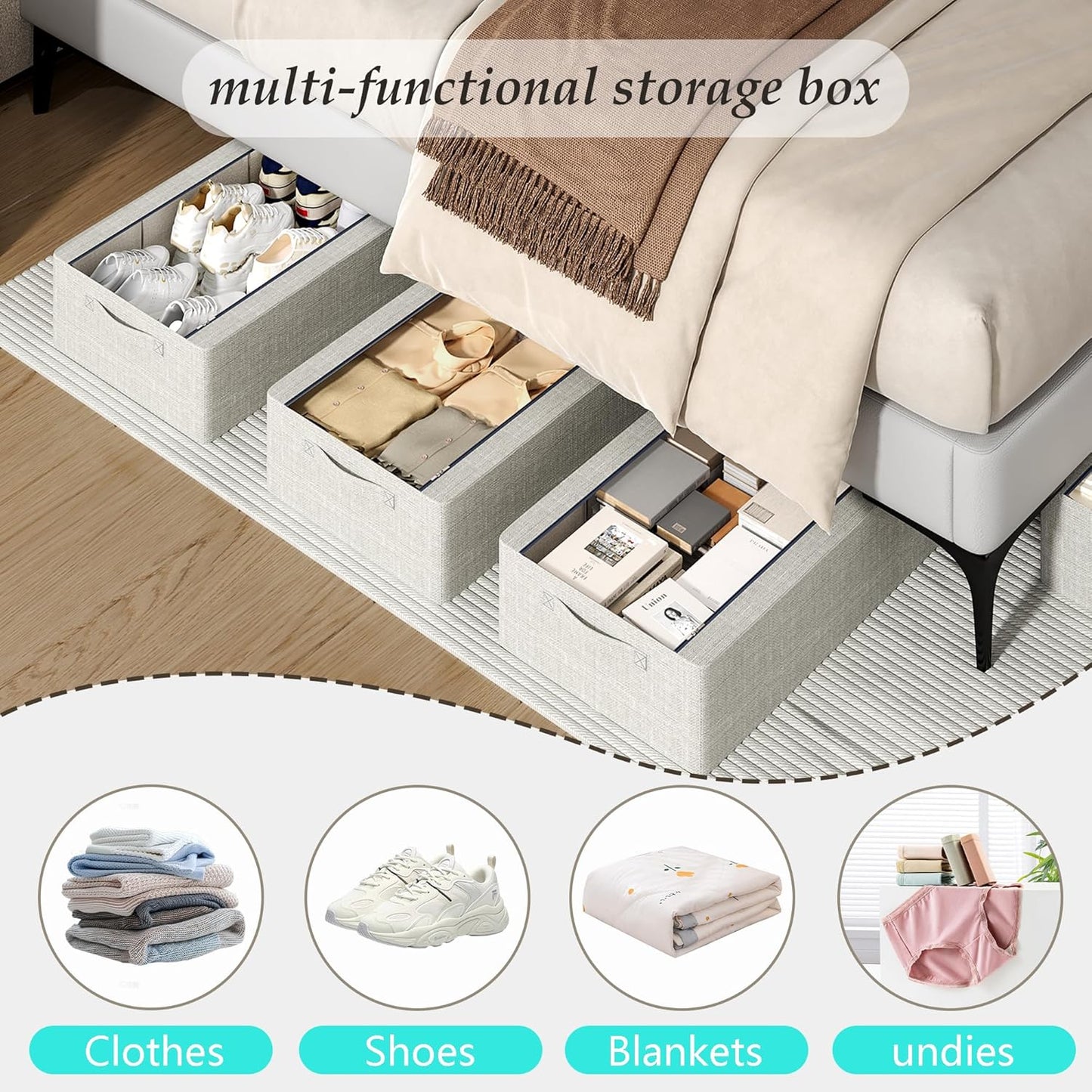 3PCS Under Bed Storage Bins with Metal Frame, Linen Fabric Frame Storage Box Clothes Organizer Bins, Underbed Container with Clear Window (Light Grey, 15.7 x 13 x 6IN)