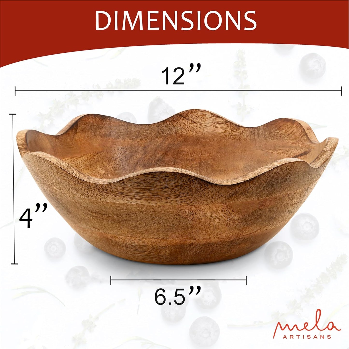 Mela Artisans Wooden Scalloped Bowl - Large | Ruffle Decorative Style | Rustic Kitchen Decor | Mango Wood | Natural Grain Finish | Fits Bread, Fruits, Salad or Popcorn | 12” x 4” x 11”