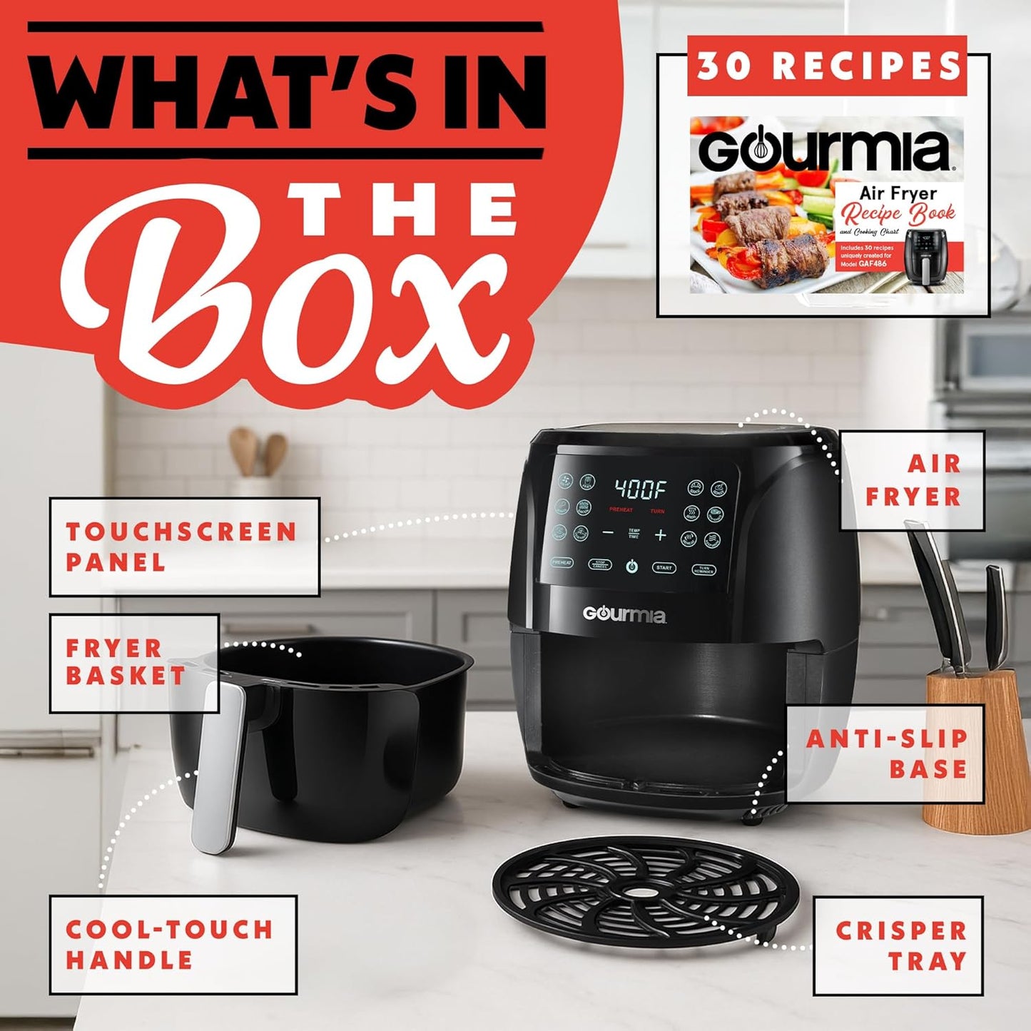 Gourmia Air Fryer 6 QT Digital – Guided Cooking with 12 One‑Touch Presets, FryForce 360 Large XL Basket, Touchscreen, Dishwasher‑Safe Accessories, Healthy No‑Oil Cooking GAF686