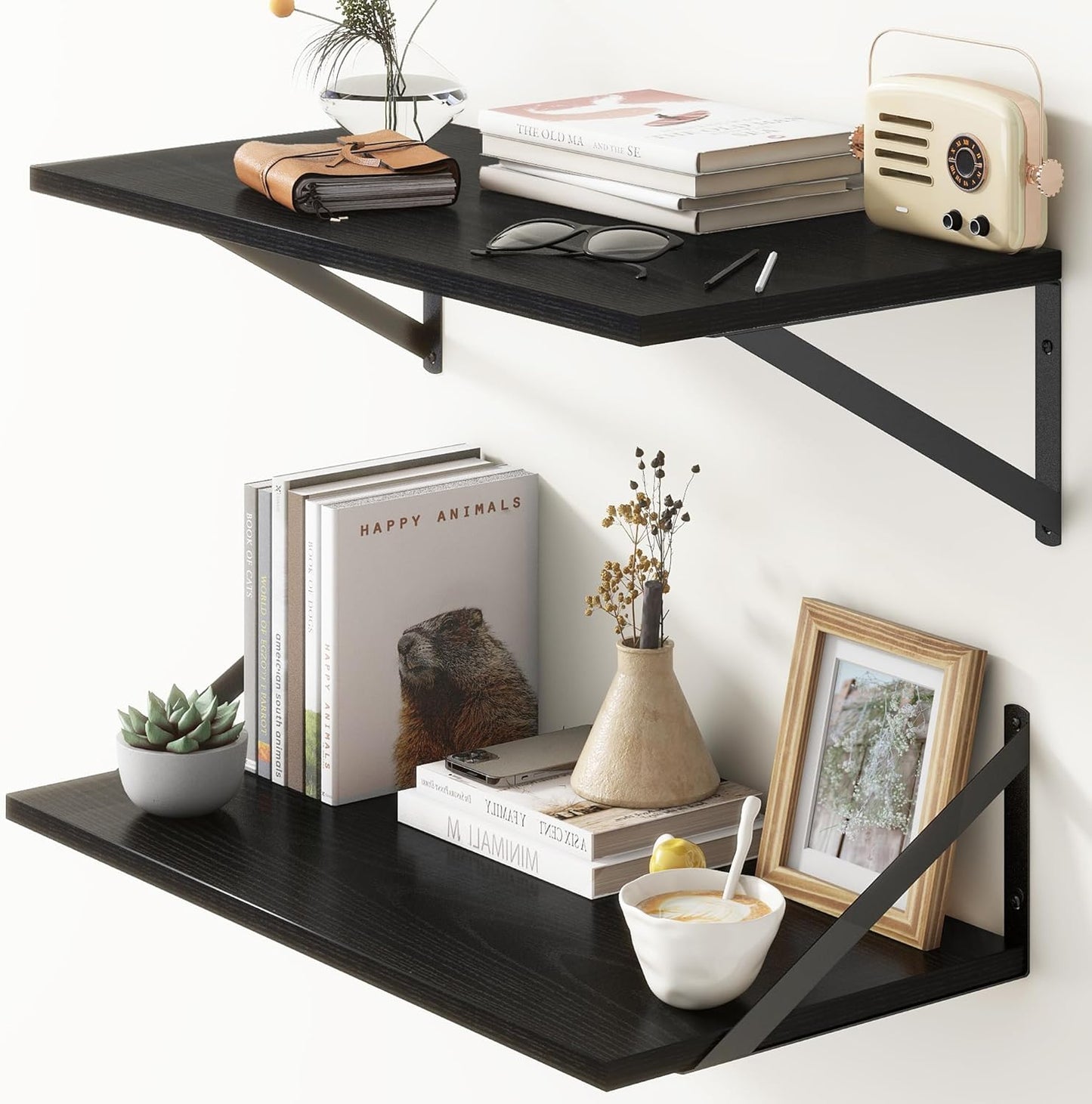 Deep Floating Shelves, 12 Inch Deep Floating Shelves for Wall, 24"W x 12"D Wall Shelves for Books, Rustic Black Wooden Shelves, Large Wide Display Shelf for Bathroom, Living Room, Bedroom, Set of 2