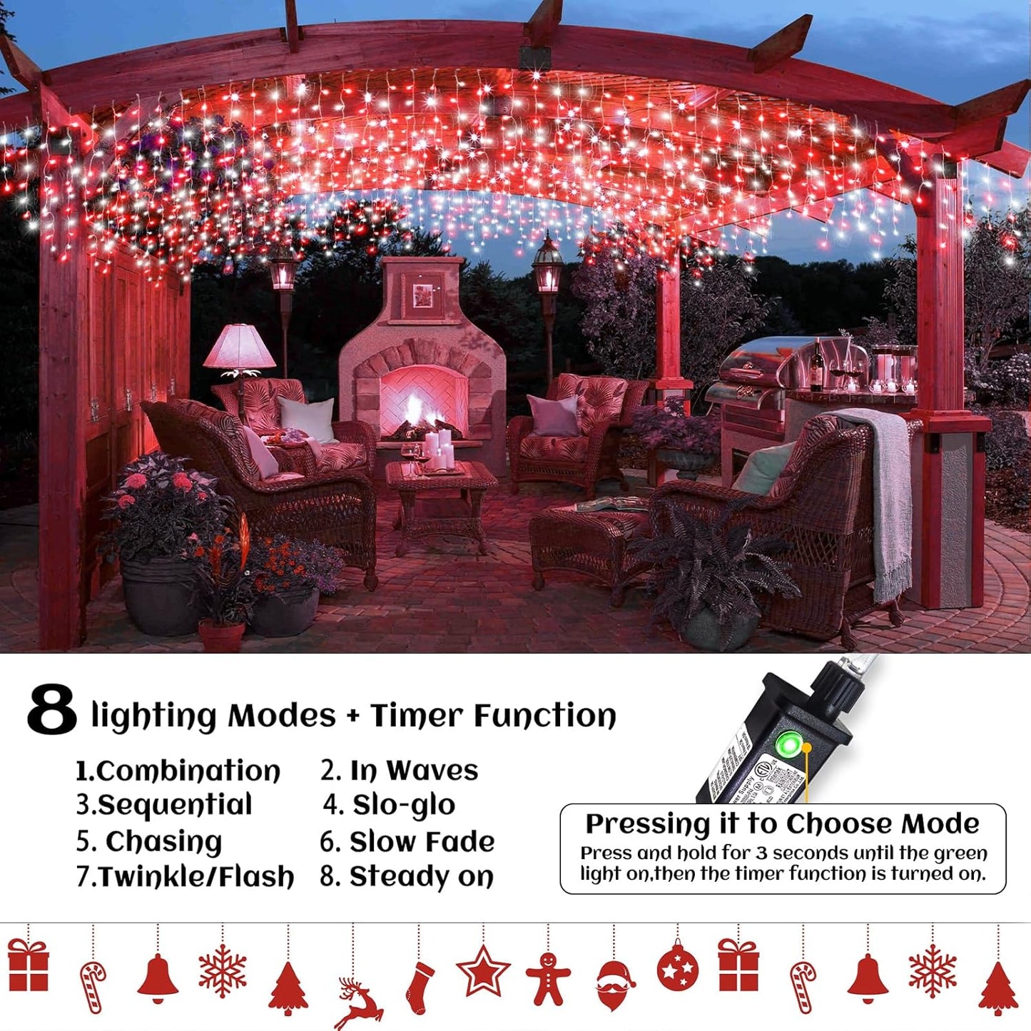33ft Icicle Lights for Outside, Red and White Christmas Lights Outdoor Indoor, 400 LED Twinkle String Light with 75 Drops Short Curtain Light for Thanksgiving Room Home Wall Bedroom Window Decoration