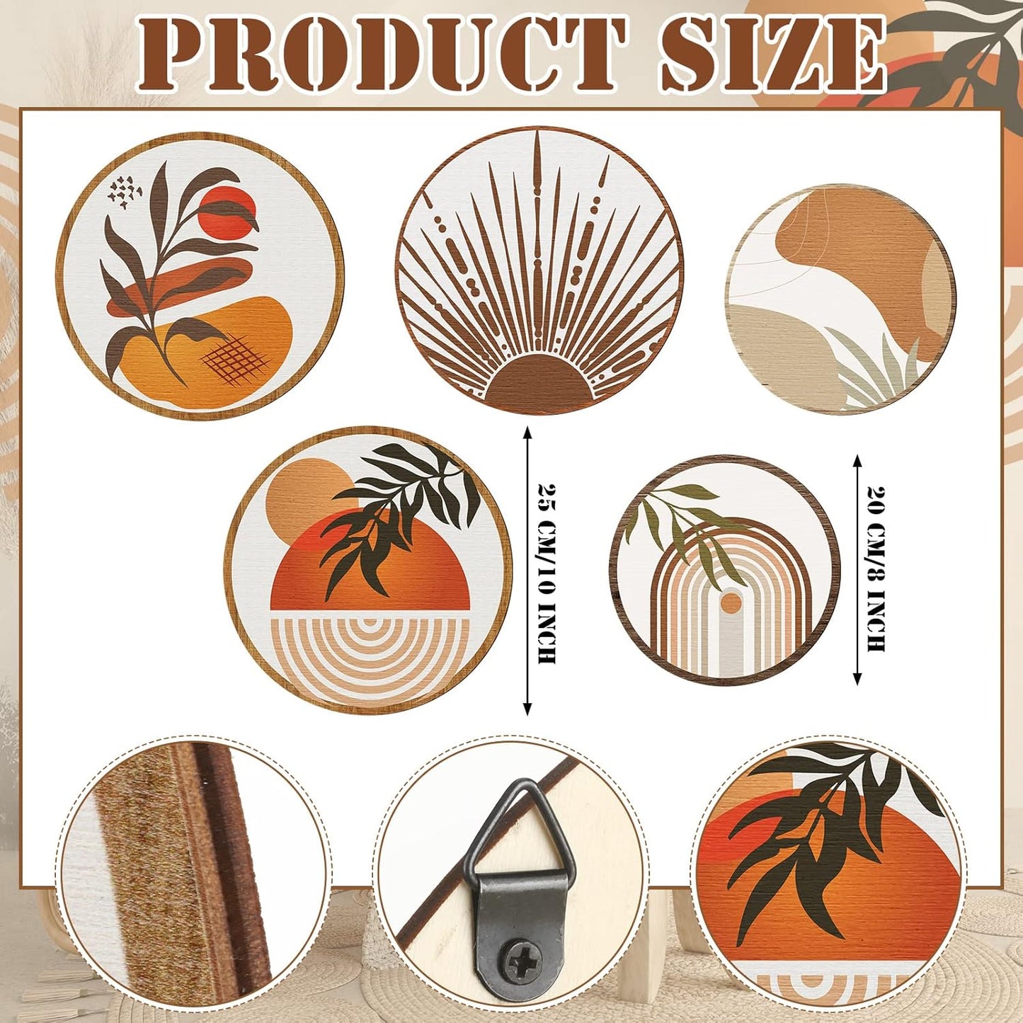 Qunclay 5 Pcs Wall Art Decor Wooden Living Room Wall Decor Bohemian Hanging Farmhouse Geometric 10'' and 8'' Aesthetic Wood Minimalist Posters for Bedroom(Boho)