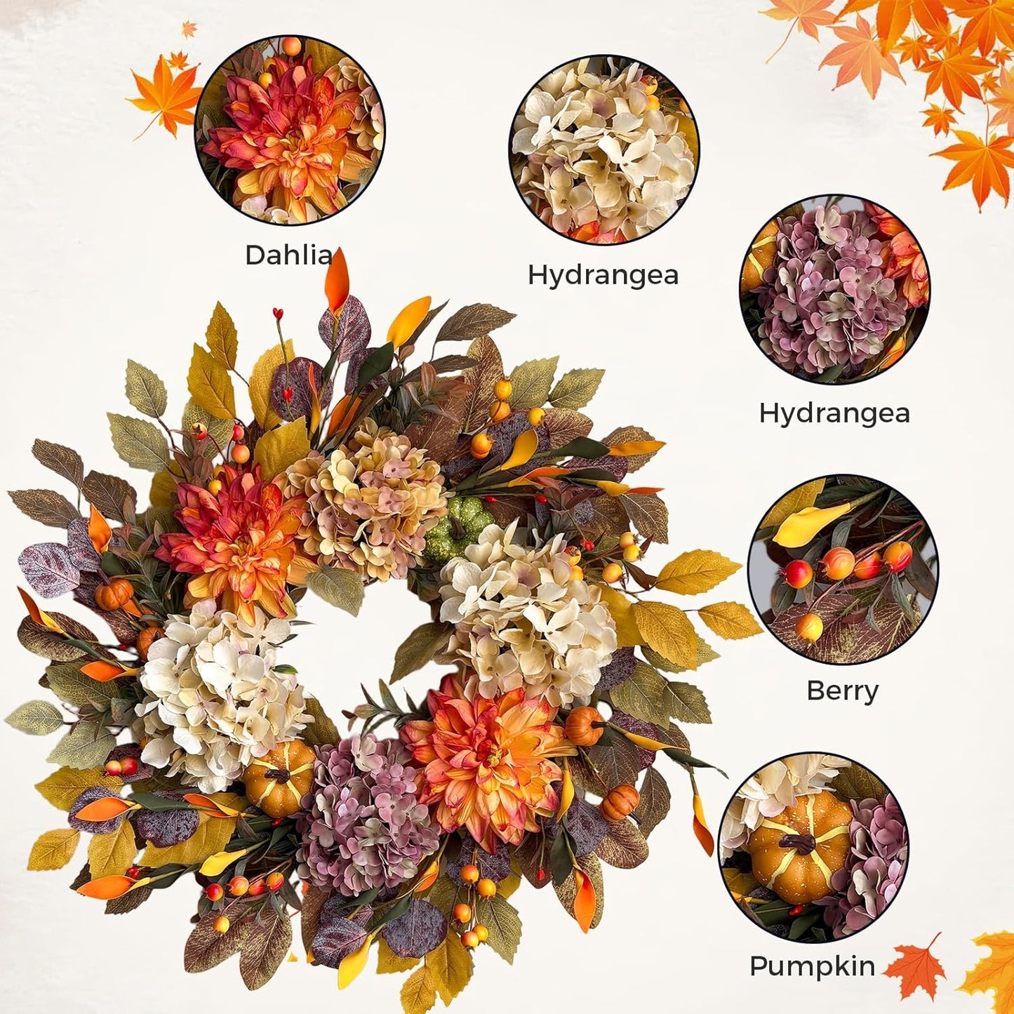 24Inch Fall Wreaths for Front Door,Fall Wreath with Beige Hydrangea,Orange Dahlia Artificial Flowers,Pumpkins,Autumn Wreaths for Harvest Thanksgiving Halloween Indoor Outdoor Home Decor