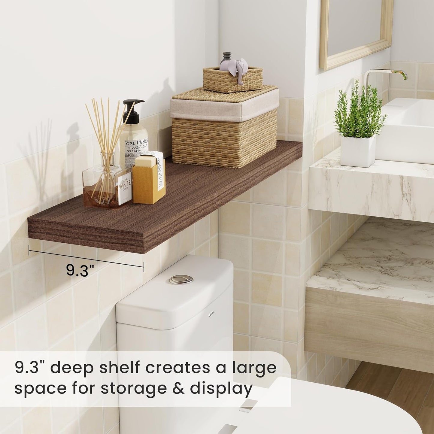 36 Inch Floating Shelves, 9.3 Inch Deep Rustic Wall Shelves - Extra Deeper Wall Mounted Storage Shelves for Bathroom, Kitchen, Living Room (Walnut, Set of 2)