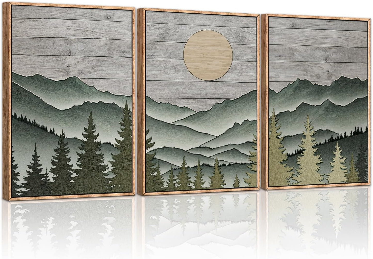 HLNIUC Mountain Framed Canvas Wall Art,Large Green Forest Woodcut Wall Decor Set of 3(16”x24”)Abstract Sun Forest Pine Trees Wall Painting,Rustic Sun Nature Landscape Art Print for Living Room,Bedroom
