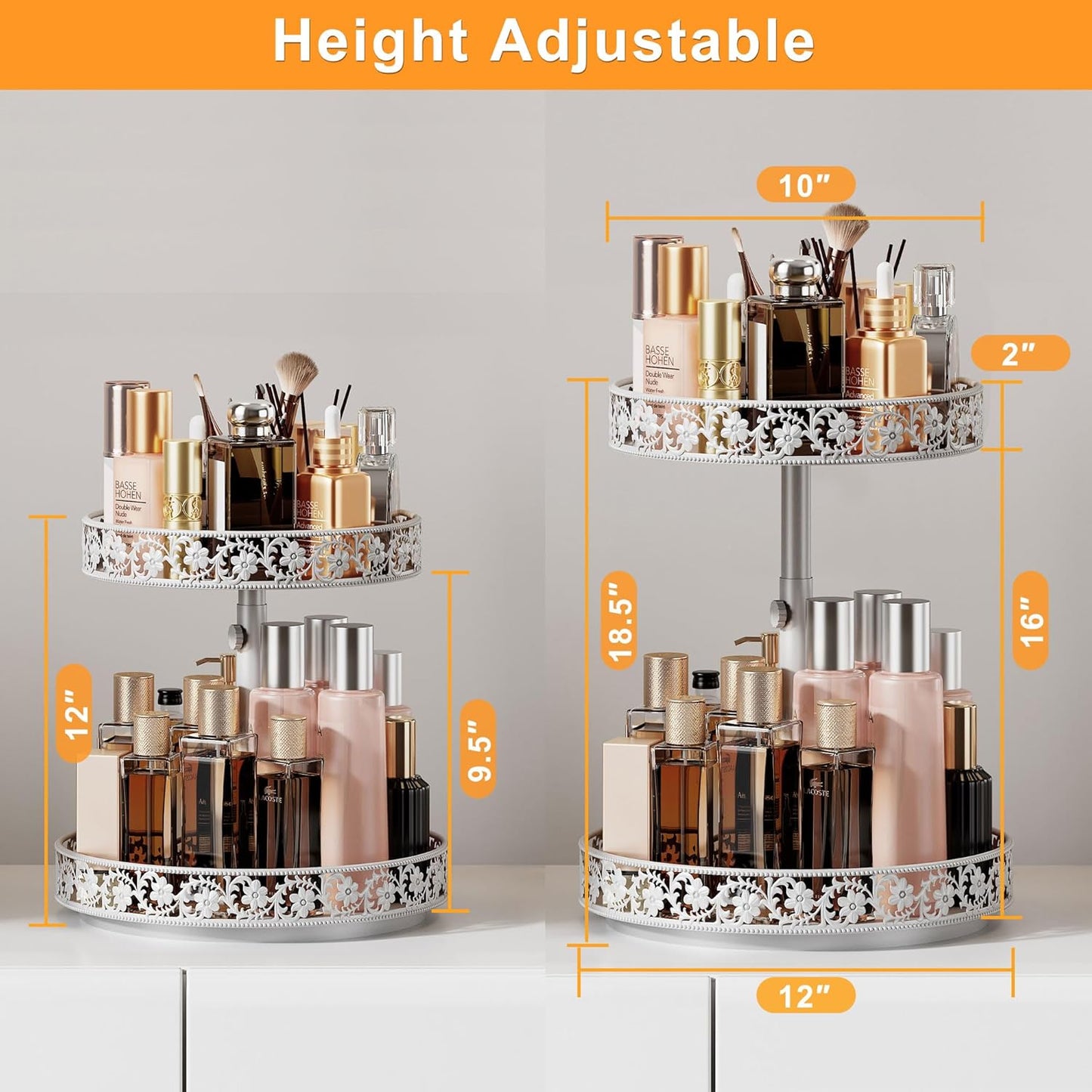 2 Tier Lazy Susan Organizer Turntable Adjustable,12 Inch Two Tier Lazy Susan Metal Easy Assembly Cleaning, Rotating Spice Rack Organizer for Cabinet Dining Table Kitchen Countertop White