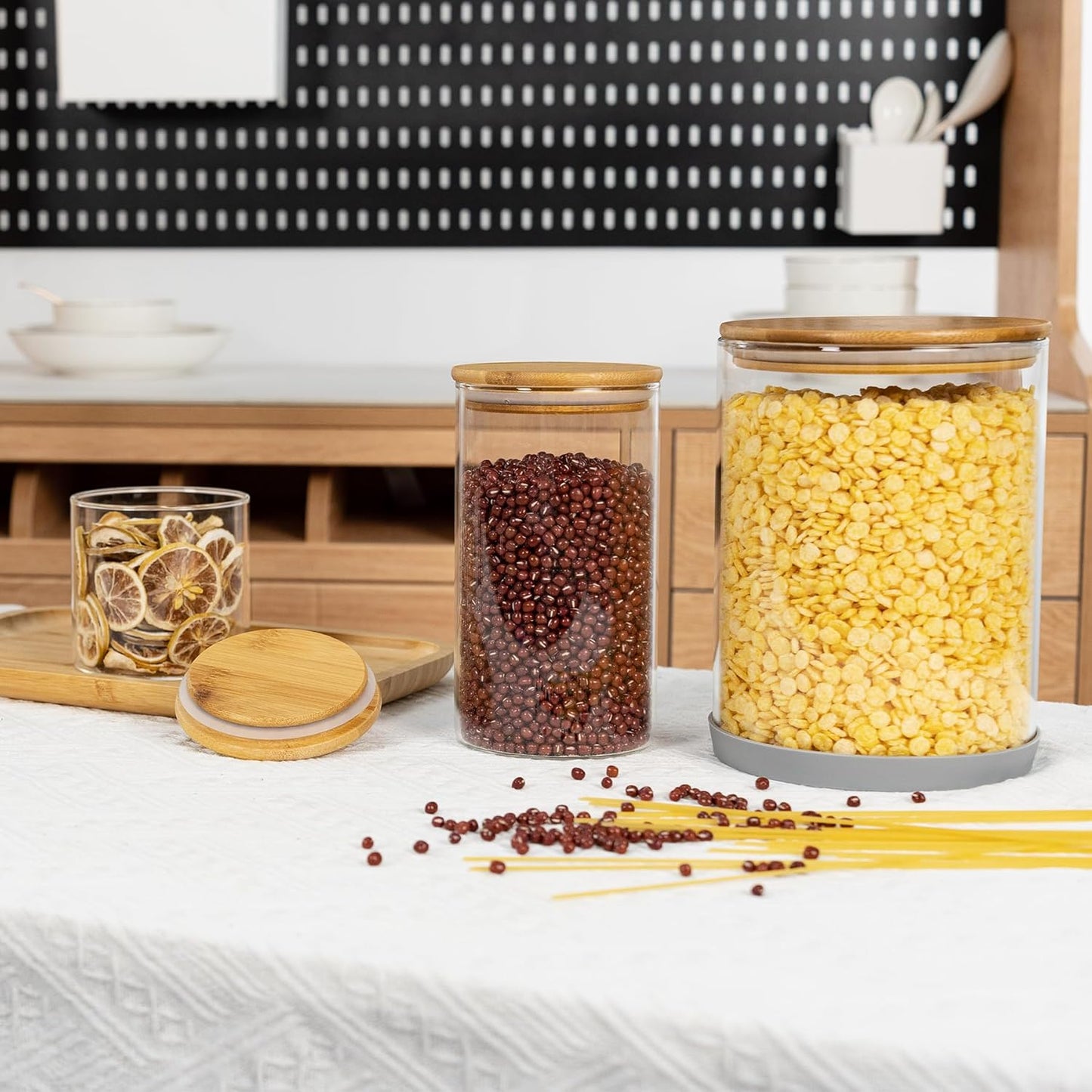 108oz 42oz Straight cylindrical Airtight Storage Jars with Bamboo Lid Set of 2 Large Storage Container Gallon Glass Jars, for Flour, Pasta and Coffee bean (with Black Lable)