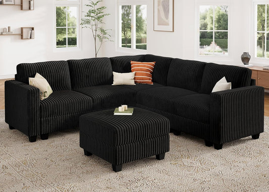 HONBAY Corduroy Modular Sectional Couch with Storage L-Shaped Sectional Couches for Living Room 6 Seater Modular Sectional Sofa, Black