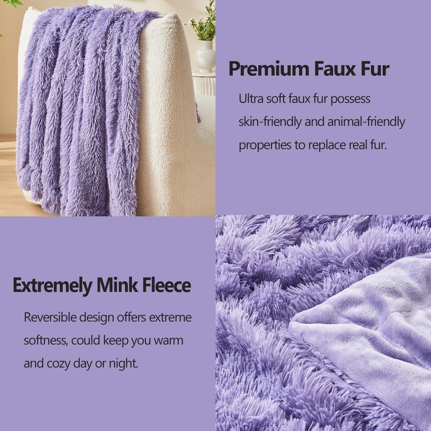 GONAAP Fuzzy Faux Fur Throw Blanket Lavender Super Soft Cozy Plush Fuzzy Shaggy Blanket for Couch Sofa Bed (Lavender, Throw(50"x60"))