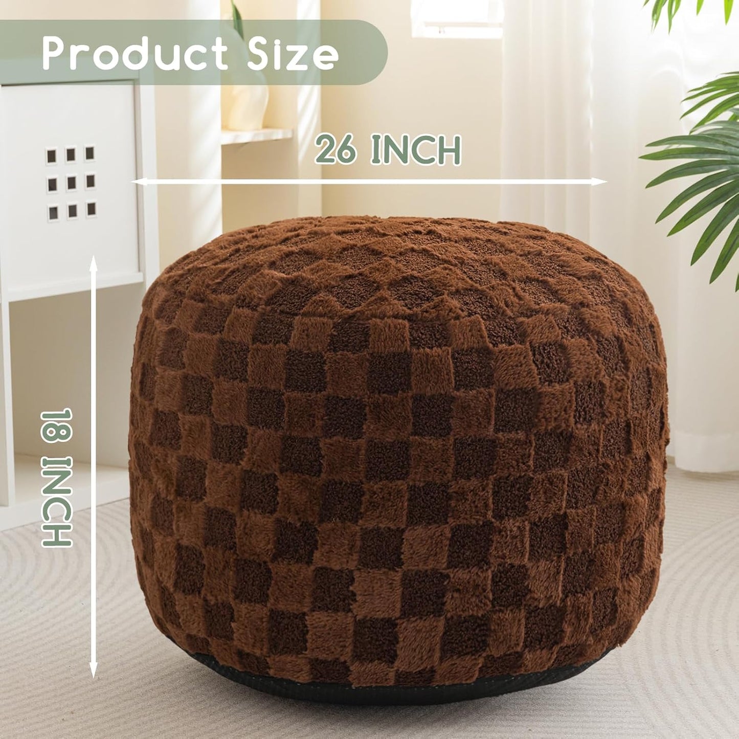 HIGOGOGO Round Stuffed Pouf Ottoman, Plaid Poufs with Foam Chunk Filling, Fluffy and Furry Pouf Foot Stool Storage Ottoman, 26 X 18 Floor Poufs Foot Rest for Living Room, Coffee