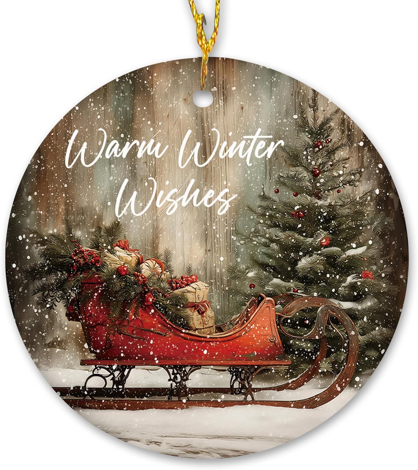 Vintage Rustic Christmas Ceramic Ornament Gifts, Farmhouse Winter Snowy Christmas Sleigh Decorative Hanging Ornaments for Xmas Tree Holiday Party Decoration, Winter Xmas Tree Decorations