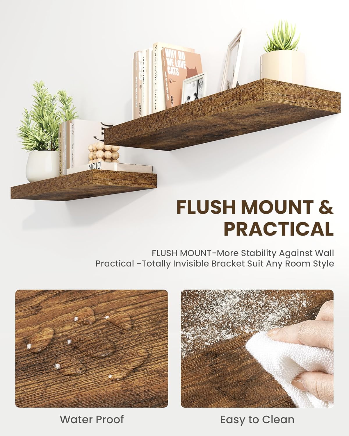 Marsmiles 72" Floating Shelves for Wall, Wooden Shelves with Invisible Brackets Set of 2, Rustic Farmhouse Wall Mounted Shelf for Kitchen Bathroom Living Room Study, Rustic Brown