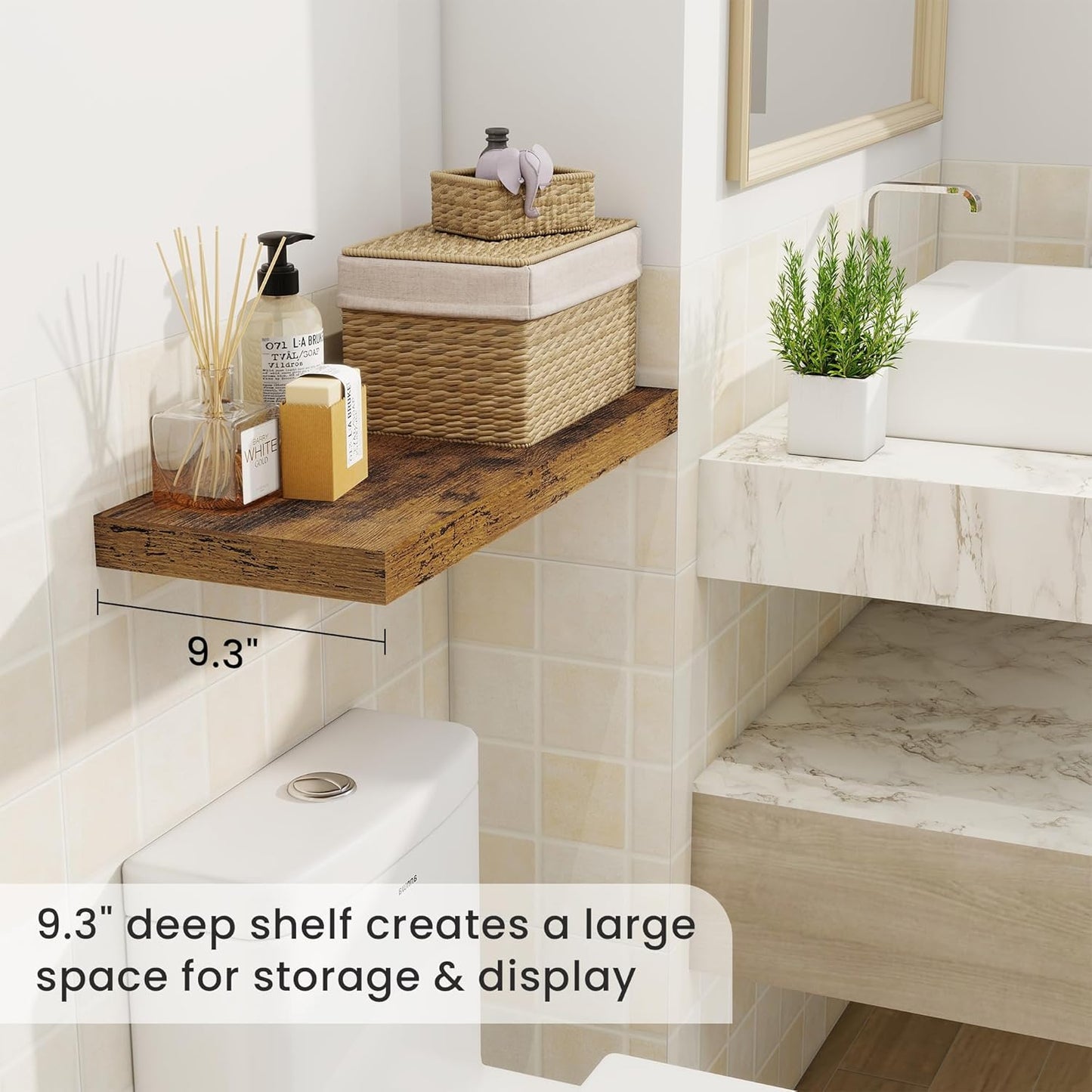 Fun Memories 24 Inch Floating Shelves for Wall, 9 Inch Deep Brown Rustic Wood Wall Mounted Shelves for Bathroom, Kitchen, Living Room, Set of 2