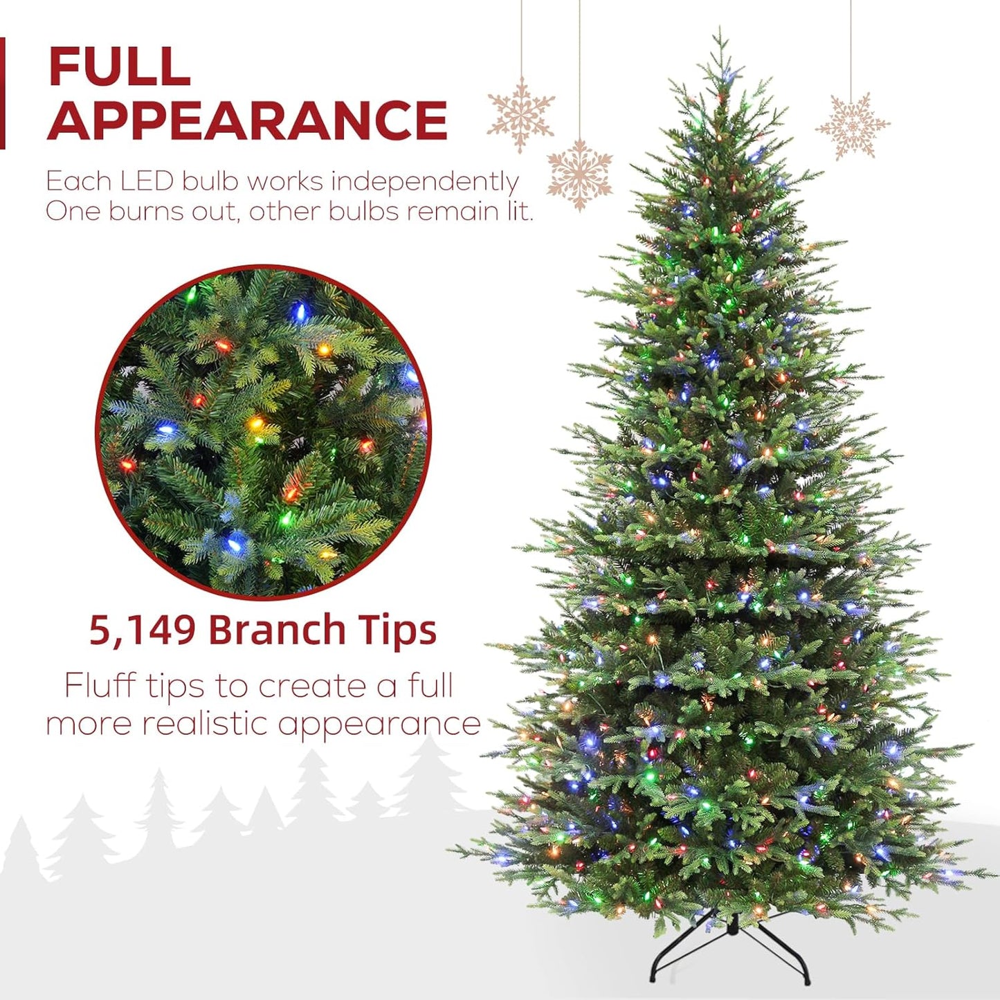 Hykolity 9 ft Prelit Christmas Tree, 5149 PE&PVC Branch Tips, Frasier Grande Artificial Christmas Tree with 600 Color Changing Twinkling LED Lights, Metal Stand and Hinged Branches, 10 Modes