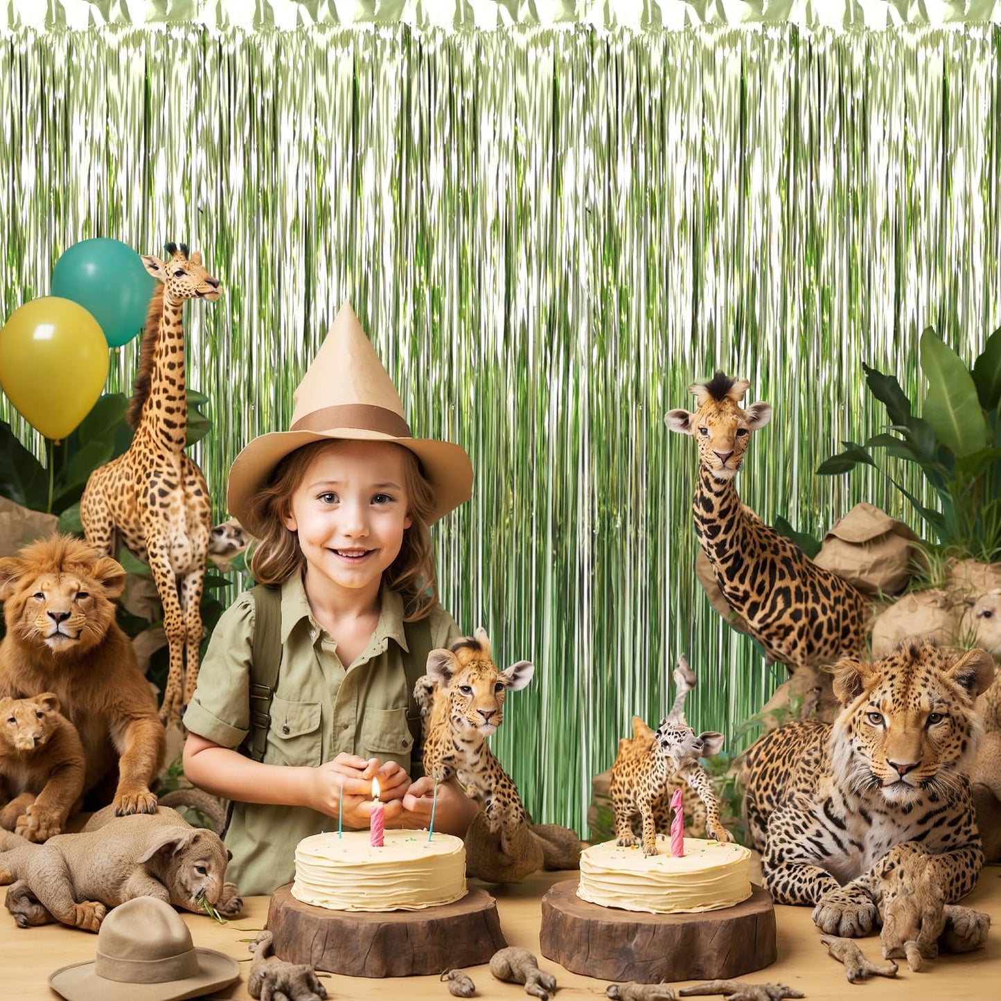 GOER 3.2 ft x 9.8 ft Metallic Tinsel Foil Fringe Curtains Party Photo Backdrop Party Streamers for Birthday,Graduation,New Year Eve Decorations Wedding Decor (4 Pcs,Sage Green)