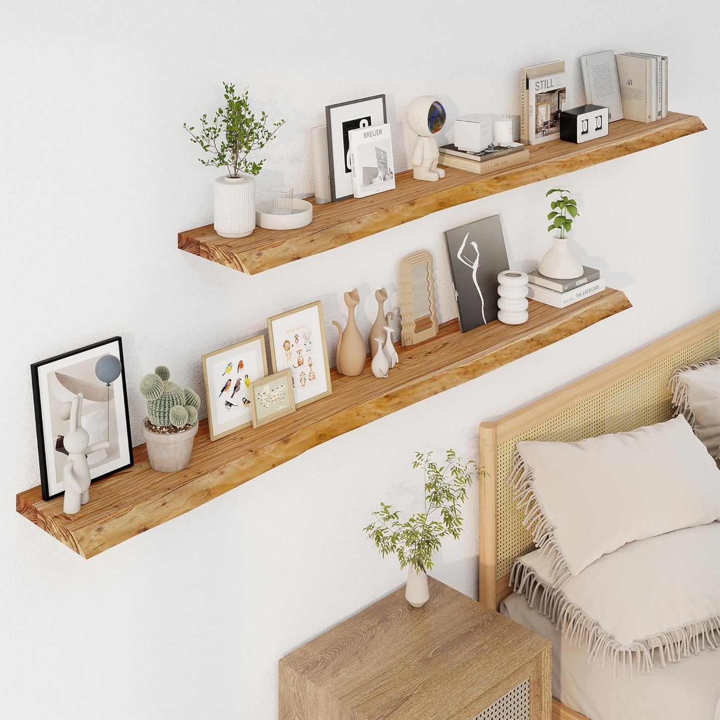 Axeman 72 inch Extra Long Floating Shelves for Wall - 8'' D Live Edge Rustic Solid Elm Wood Floating Shelves Wall Mounted, Wall Shelves with Invisible Bracket for Living Room Bedroom Kitchen, Natural